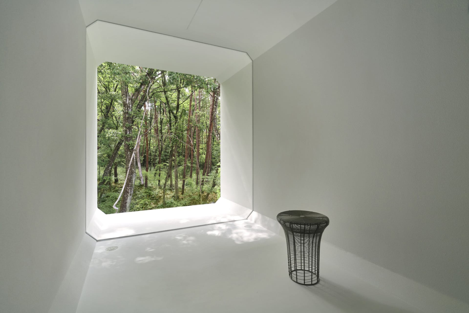 A minimalist white room with a metal stool and forest view through a large window.