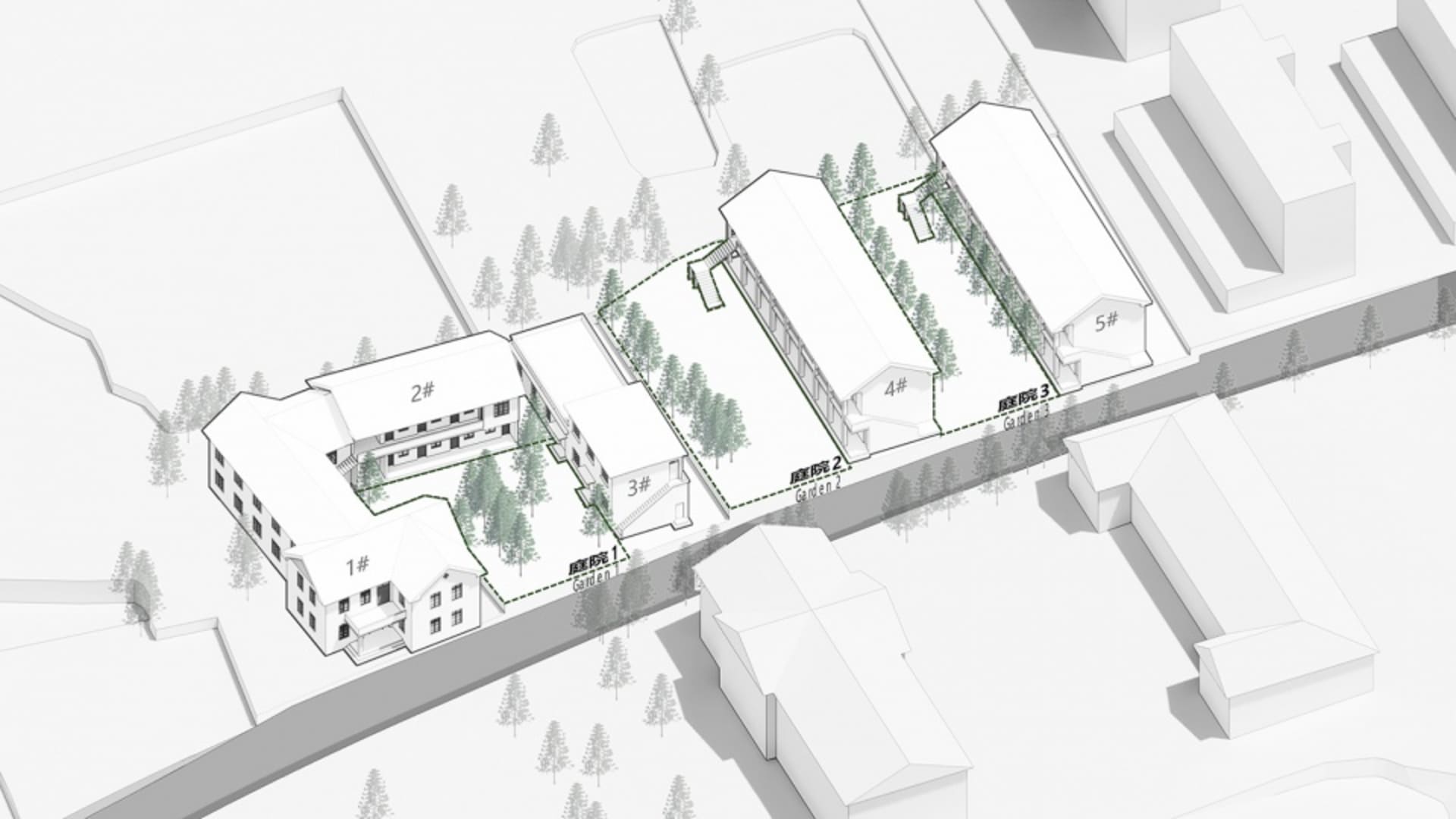 帶有標註房間與樹木的現代建築平面圖。