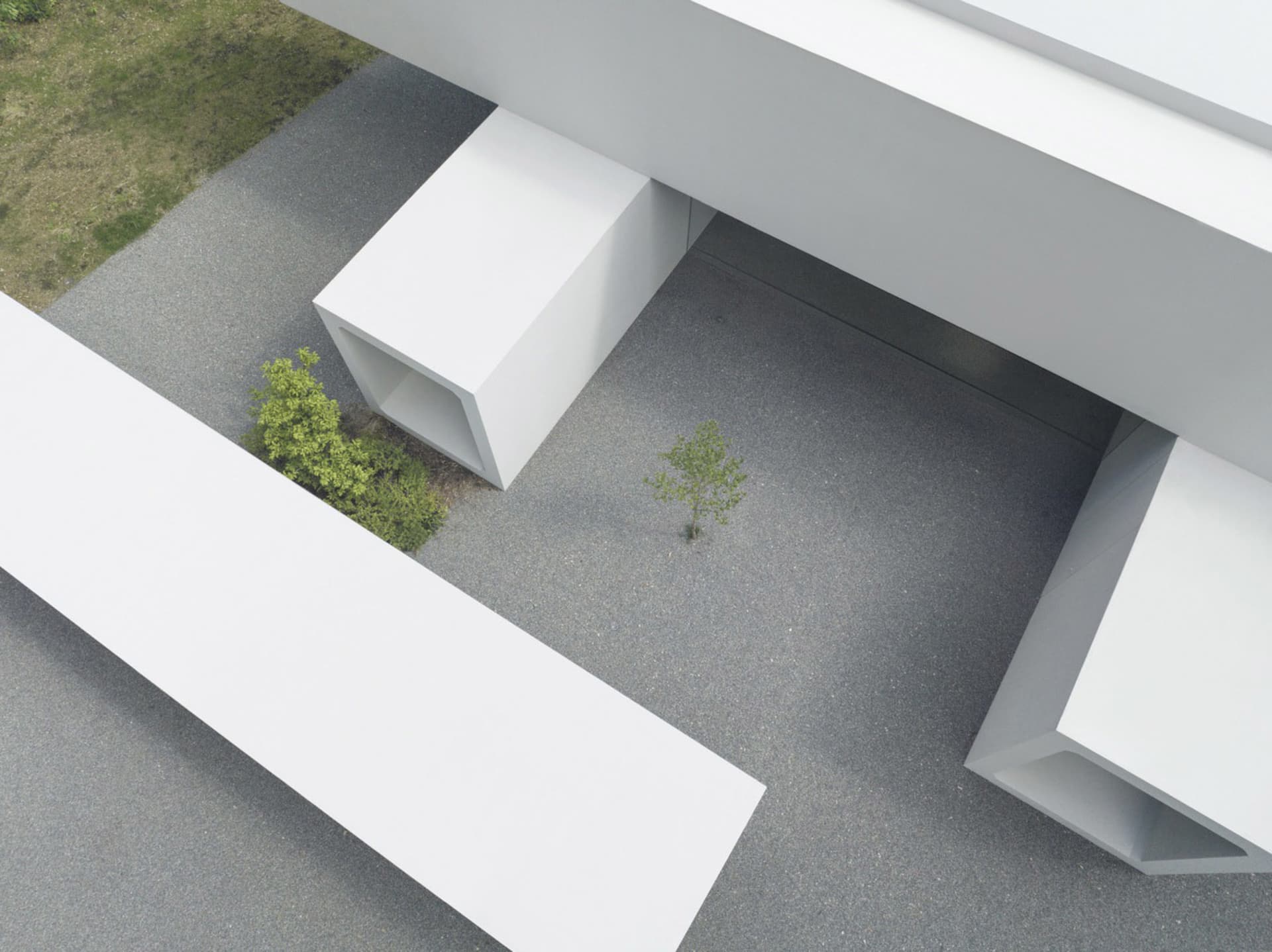 A minimalist architectural rendering with concrete elements.