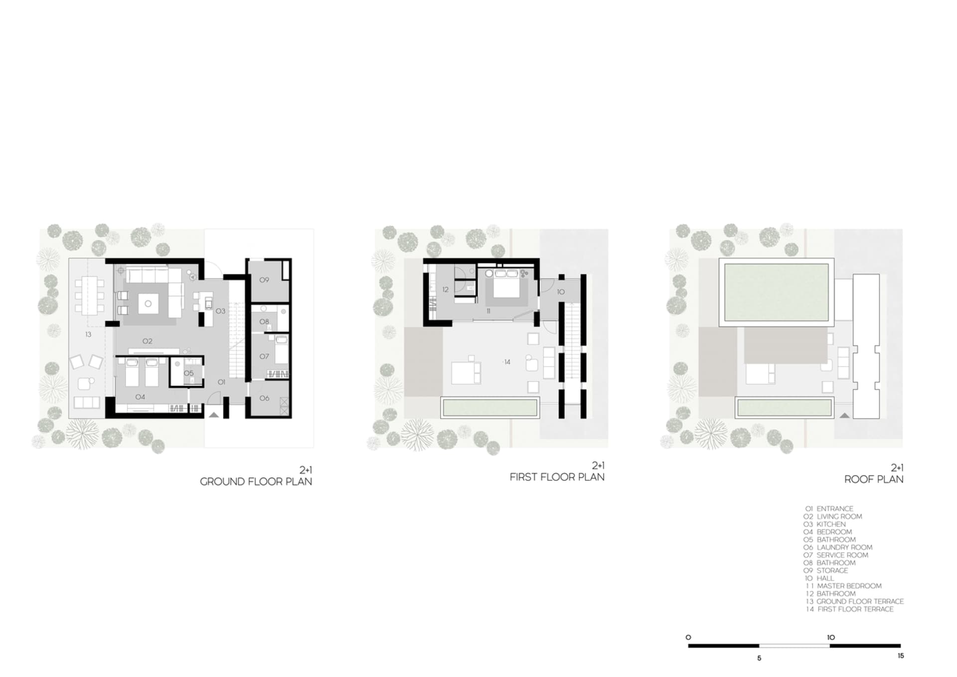 現代住宅建築的平面圖，展示地面層、一樓及屋頂平面。