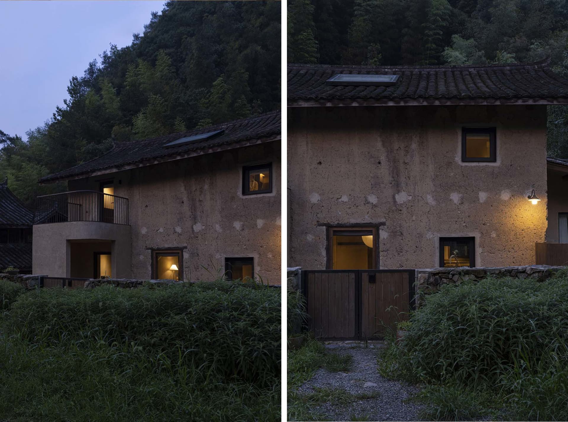 Clay exterior houses surrounded by lush greenery at dusk.