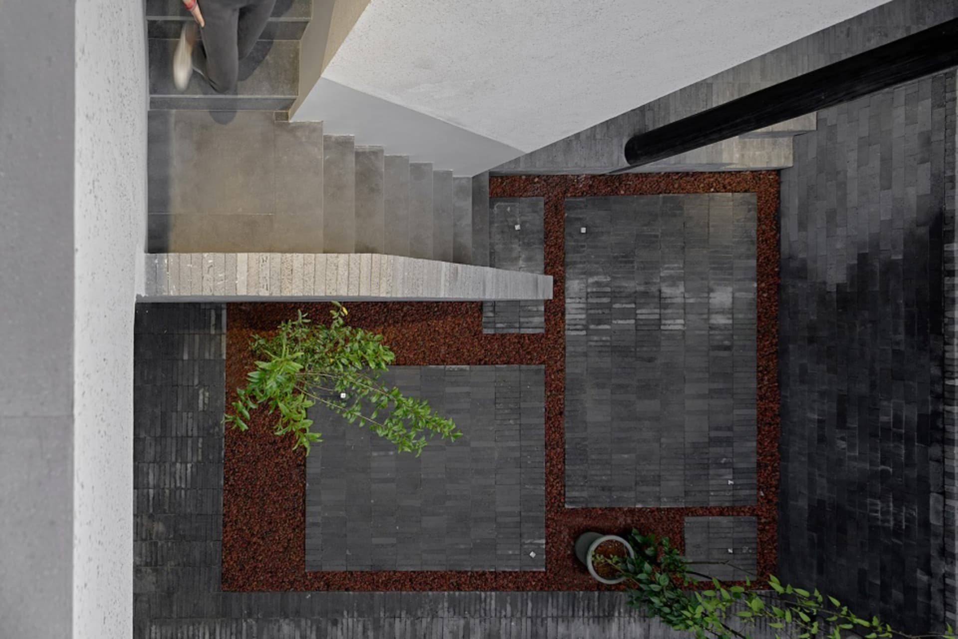 A modern interior space with concrete flooring and wooden stairs adjacent to a patio covered in dark soil with a single plant