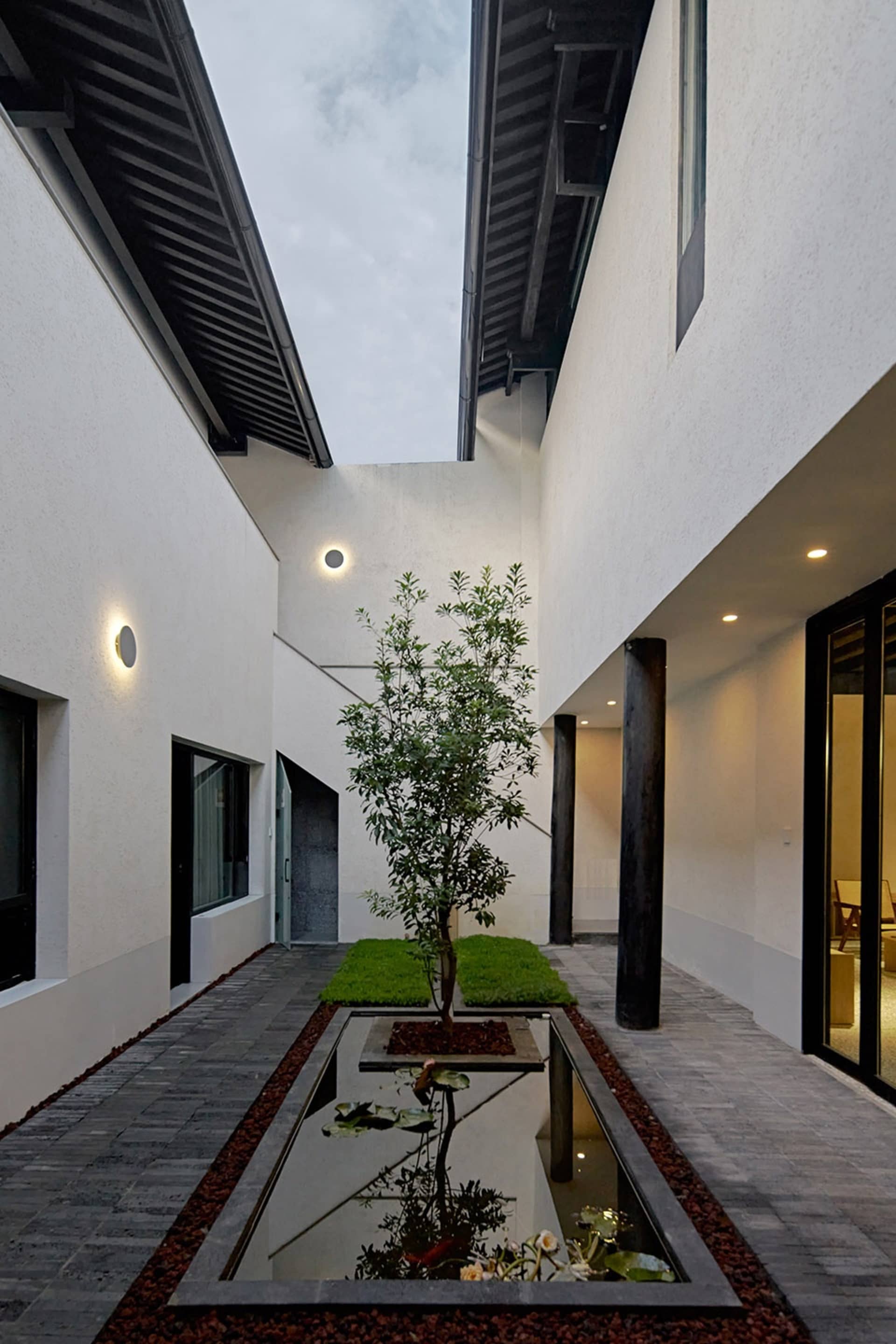 現代室內空間，設有混凝土花園，包含一棵小樹與水池，周圍為白色牆面與黑色屋頂。