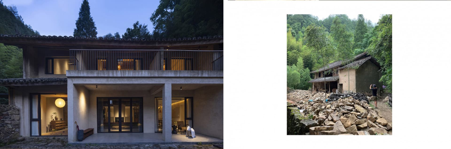一座現代住宅建築採用混凝土外觀,配有大面窗戶與質樸木質前門。