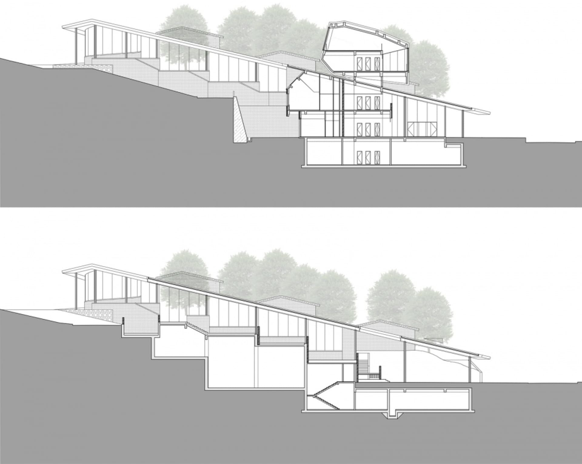 Cross-sectional architectural diagram of a modern residential building, showing interior and exterior details.