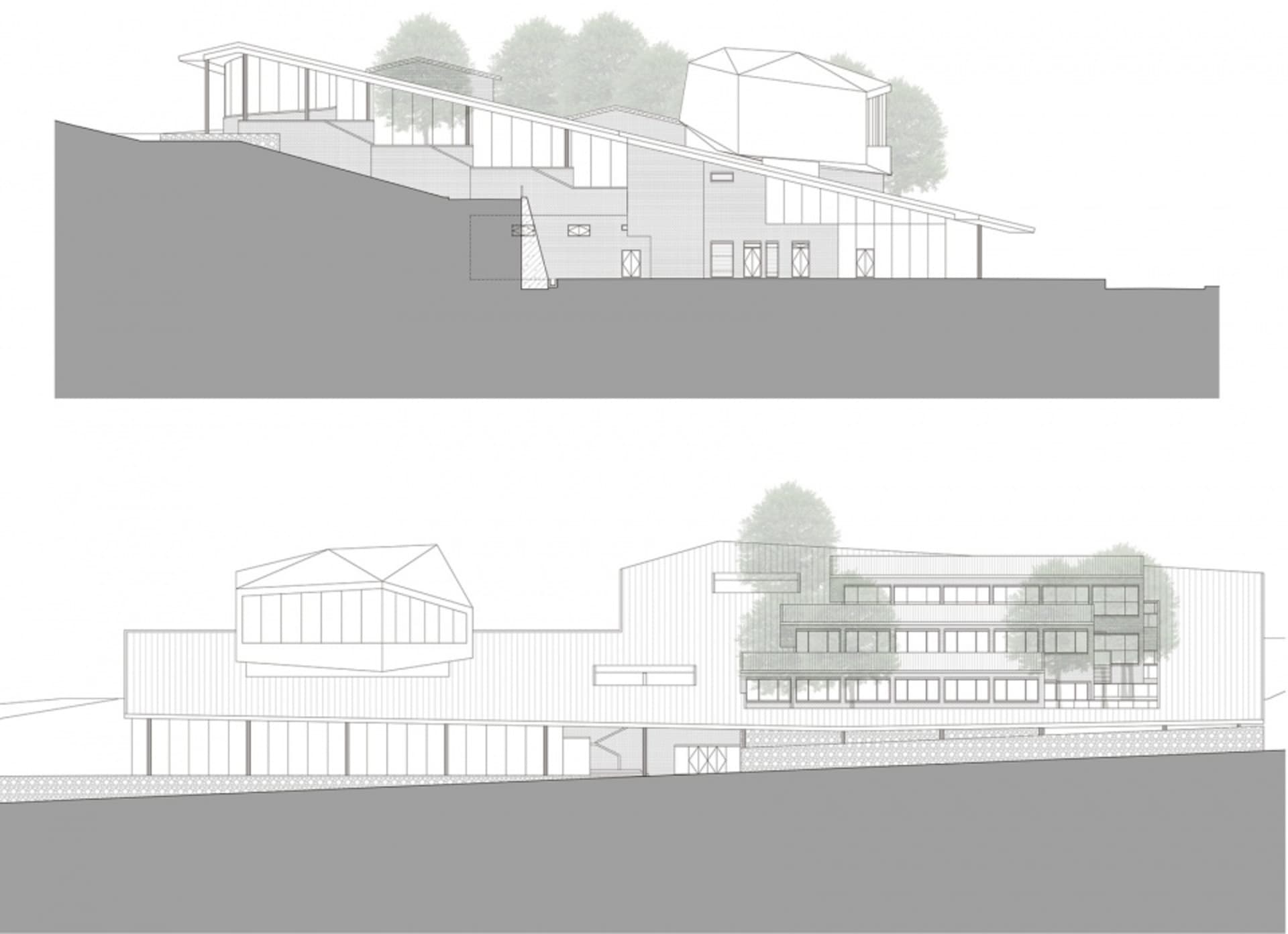 Sectional view of a modern residential building featuring glass walls and steel framing.