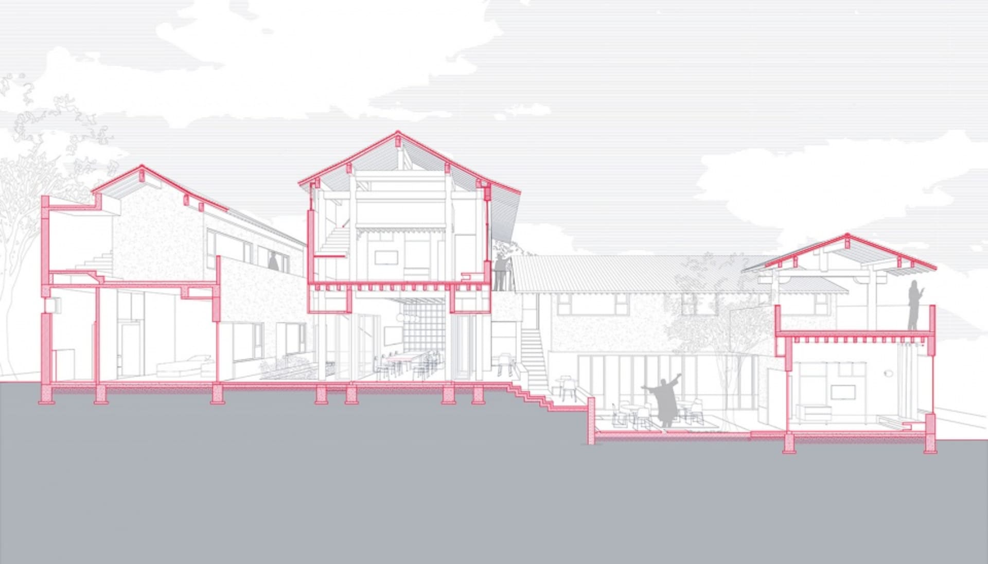 Sectional architectural drawing of a residential home showcasing the structure and layout against a sky background.