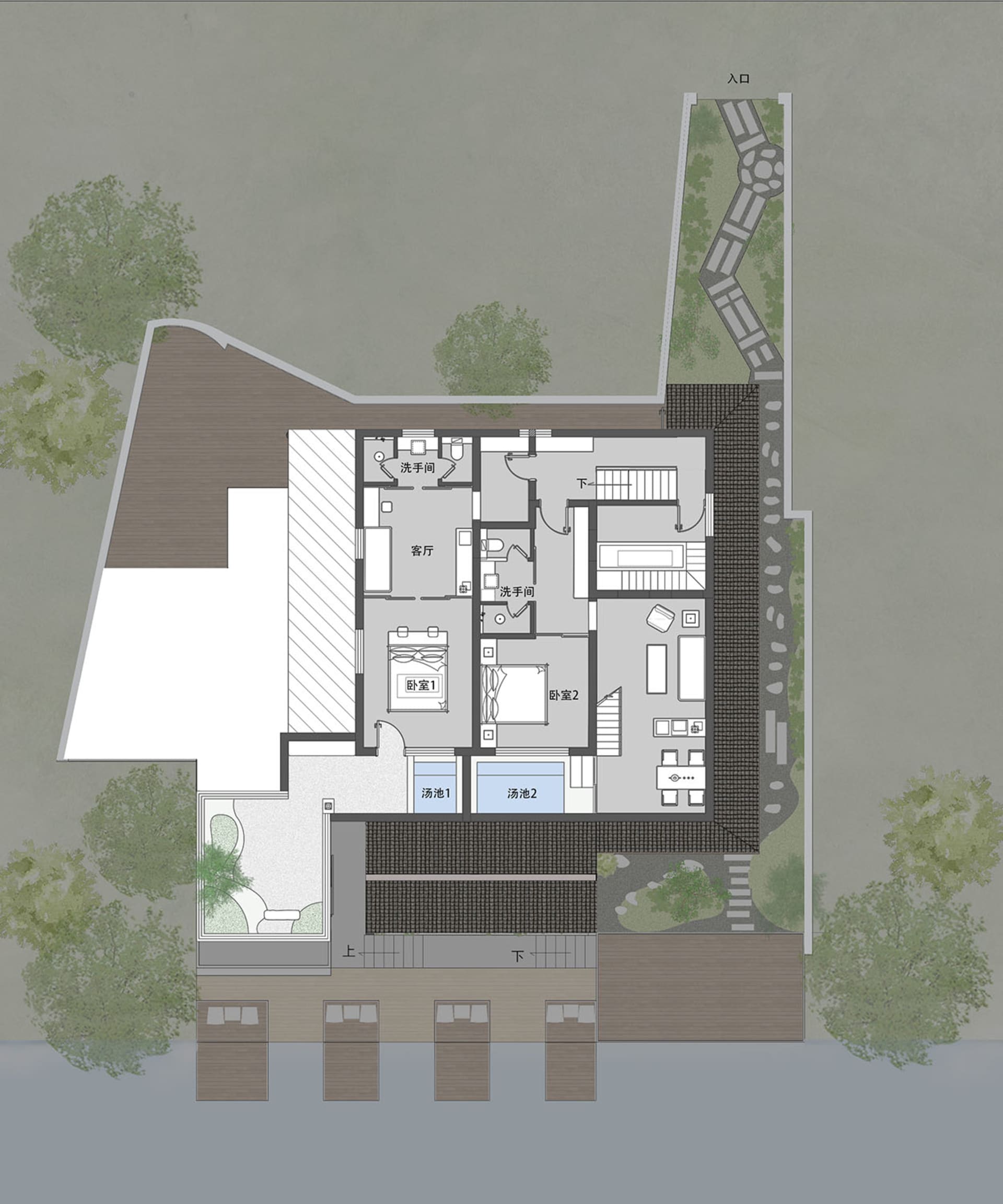 Floor plan of a modern residential interior designed with wood, stone, and glass materials.