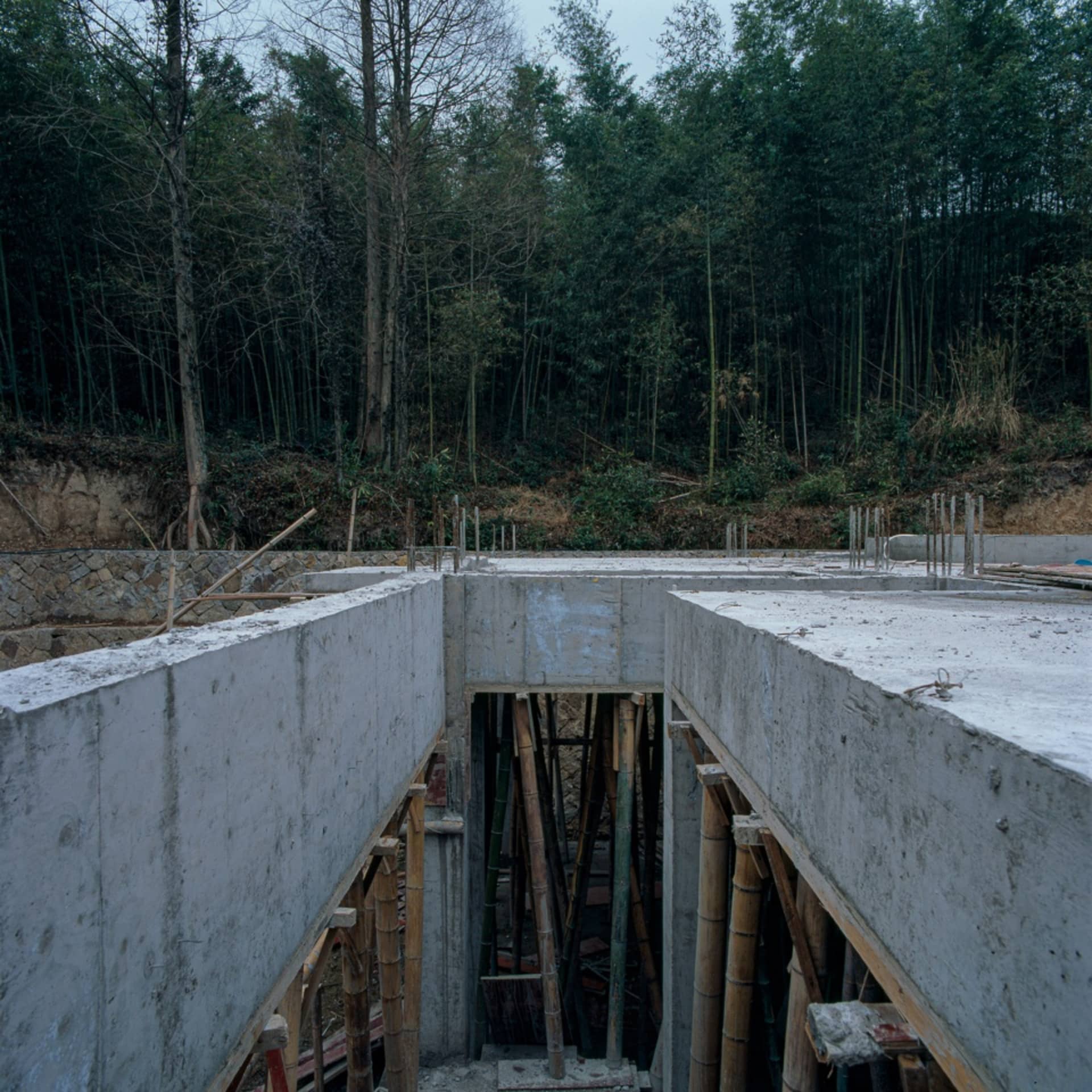 森林中以竹腳手架搭建的混凝土基礎施工現場。