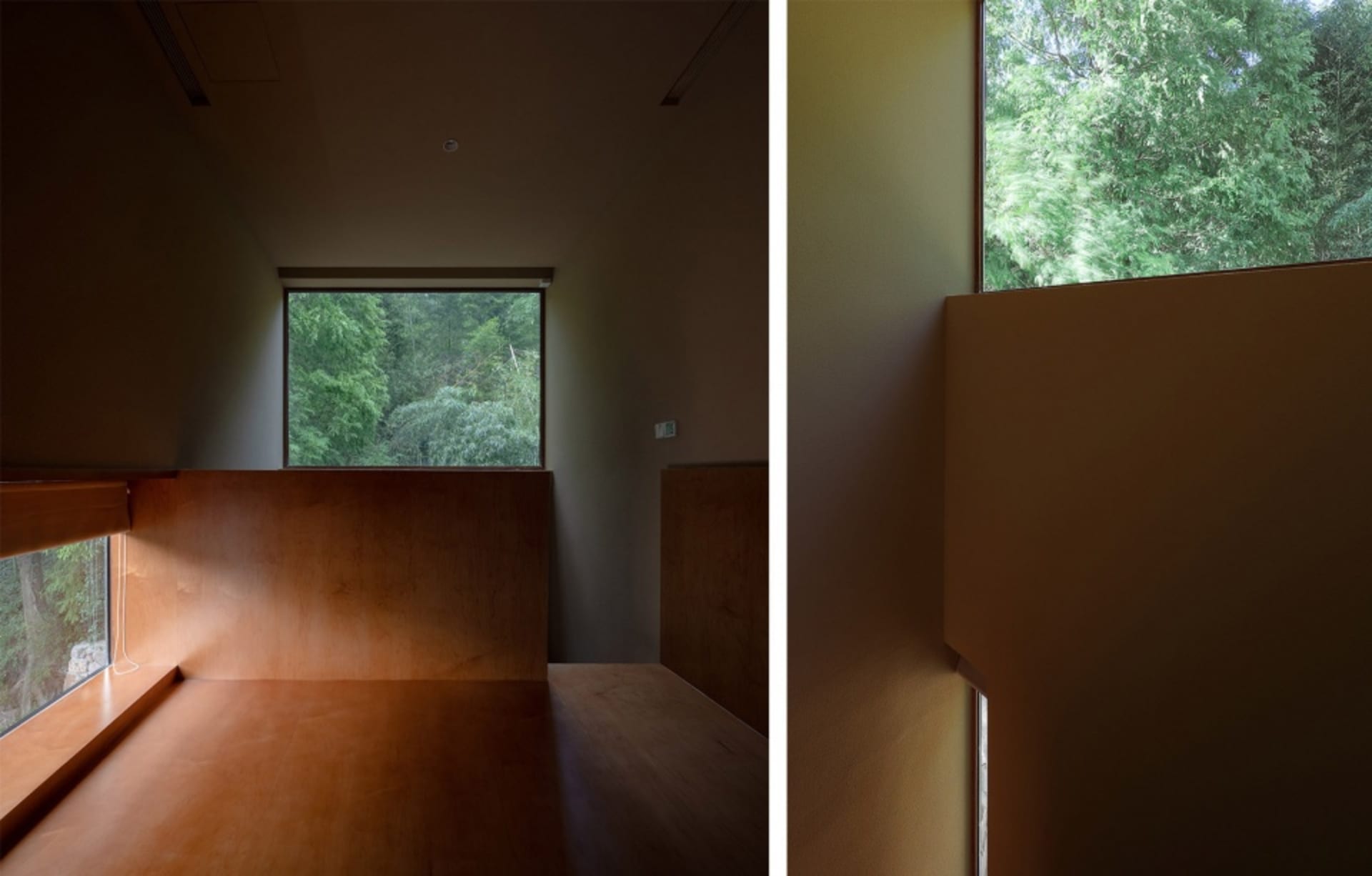 Minimalist living area with wooden materials.