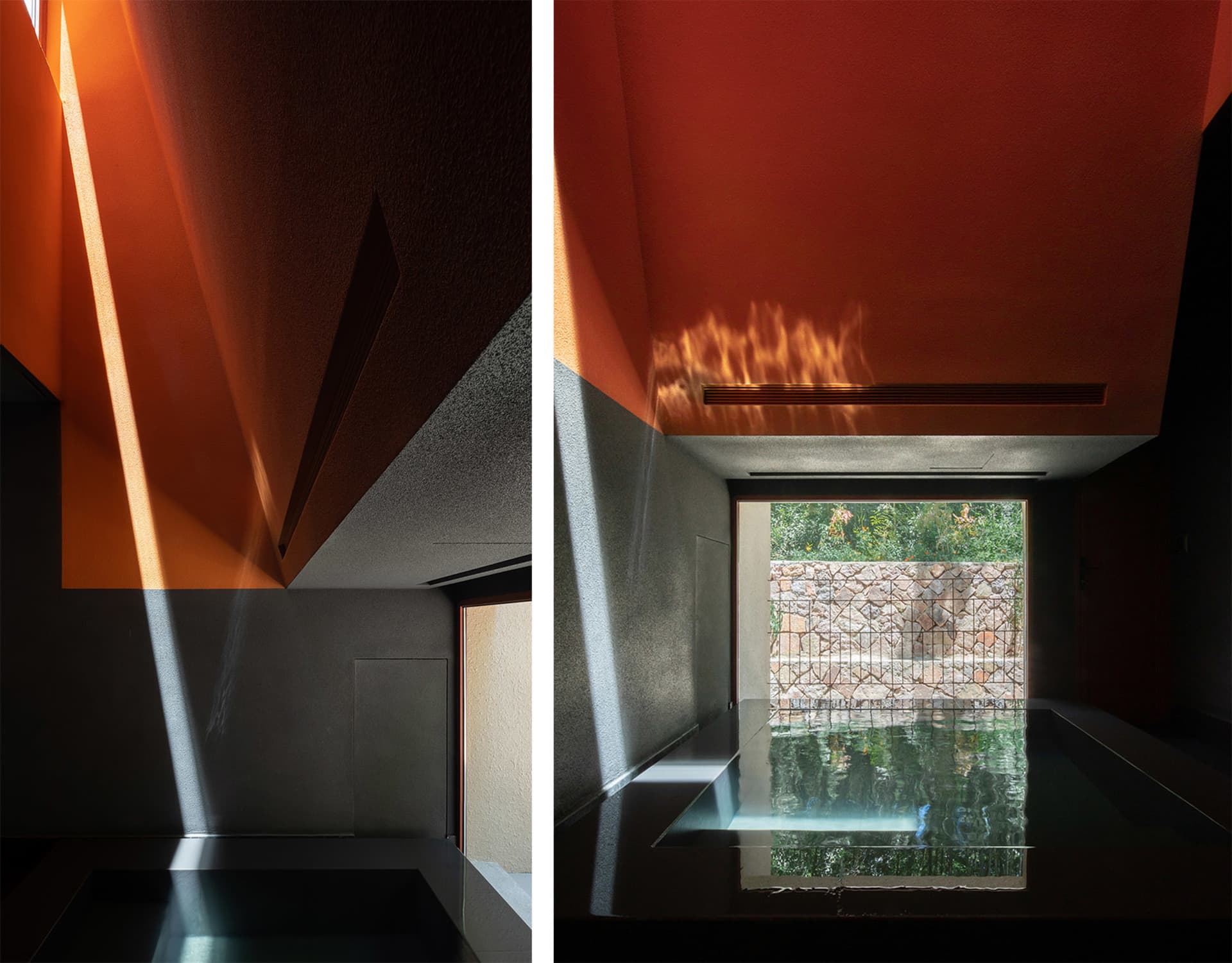 A minimalist swimming pool with concrete walls and a view of nature through a window.