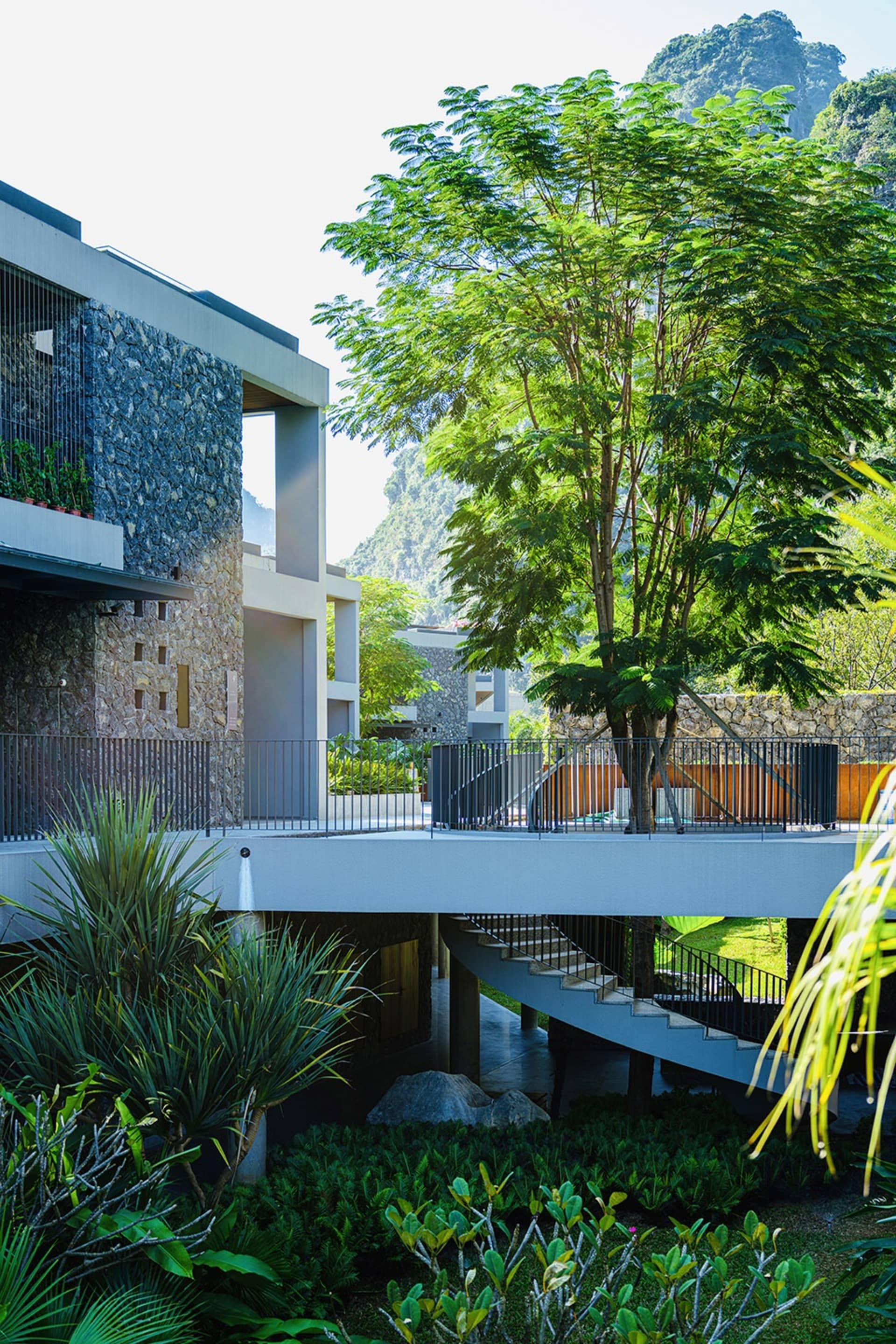Modern residential building surrounded by lush greenery and featuring a mix of materials.