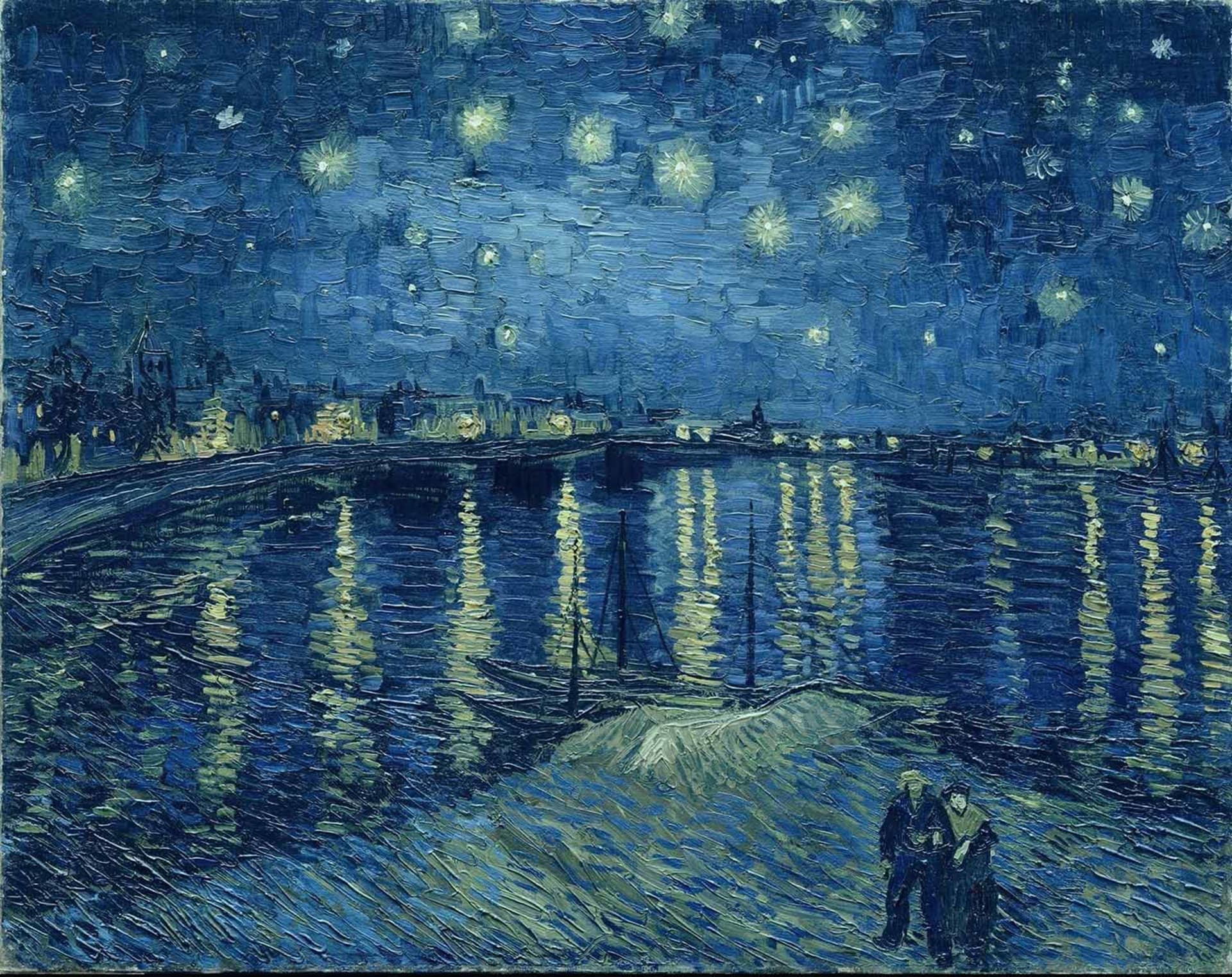 A painting depicting a night landscape with stars and lights reflecting in the water.