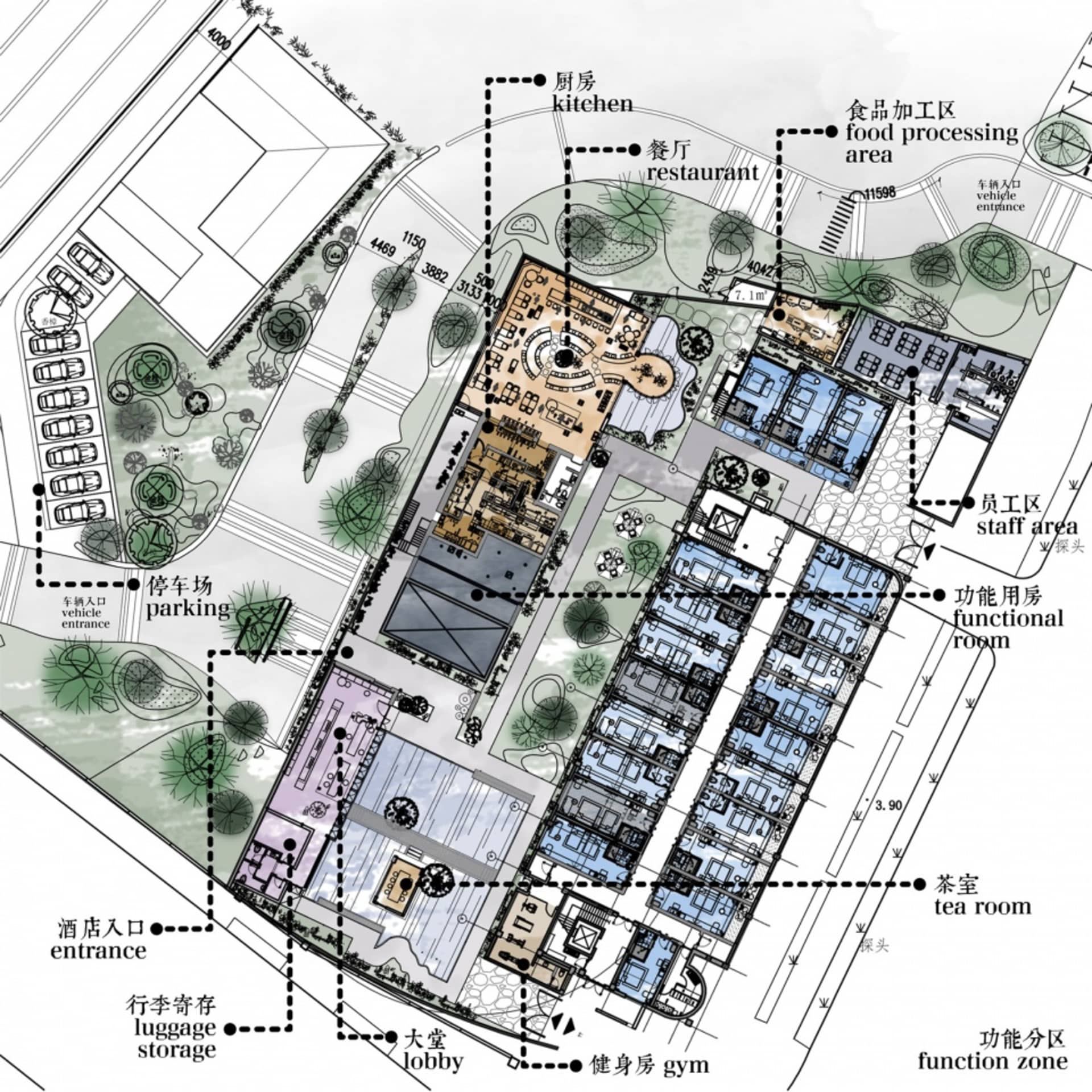 工業園區的建築平面圖,顯示各功能區域及其位置配置。