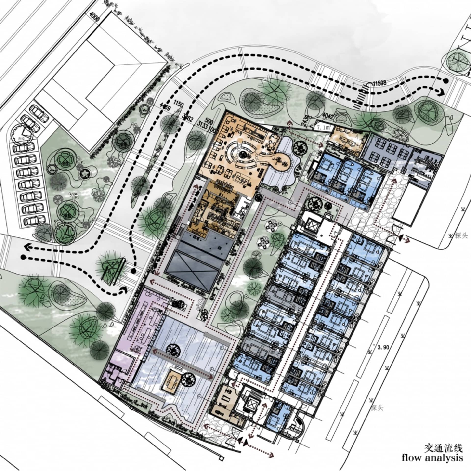 混合材質與都市規劃元素的建築配置平面圖