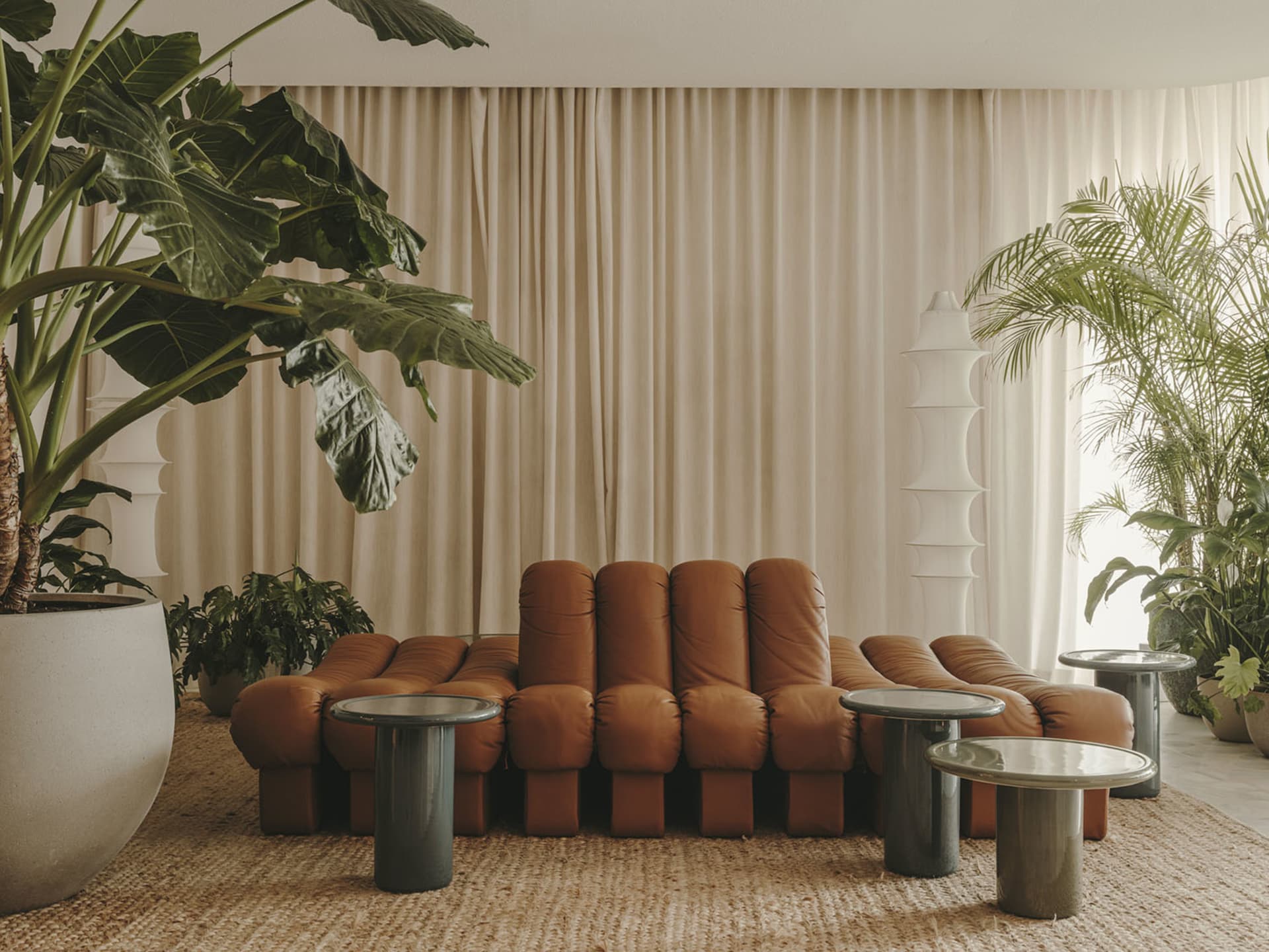 Modern living room featuring a stylish leather sofa, coffee tables, and potted plants
