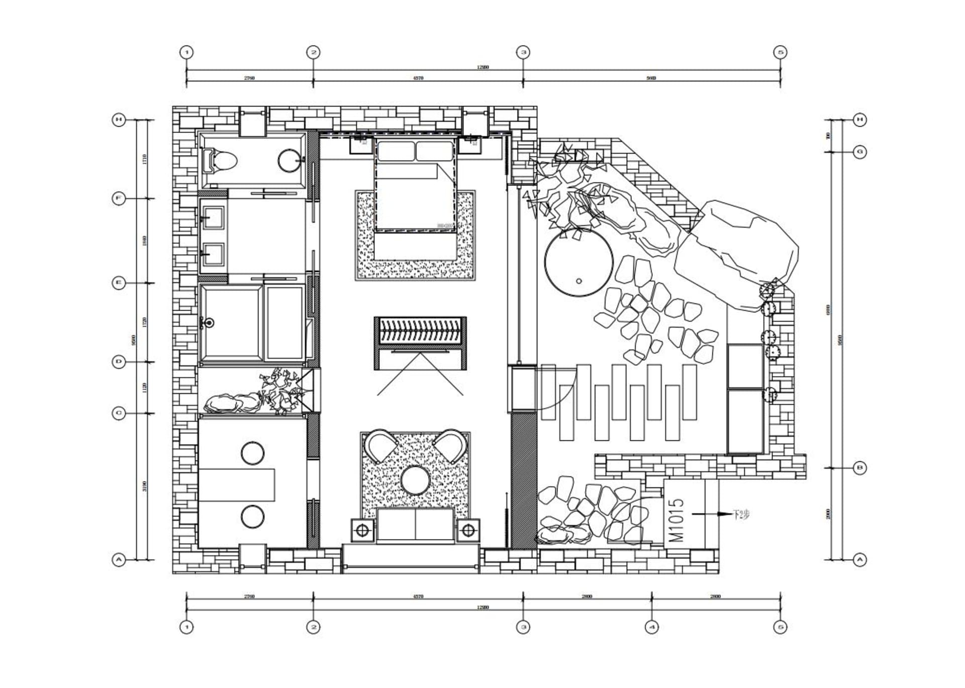 一張現代住宅平面圖的詳細2D建築繪圖。