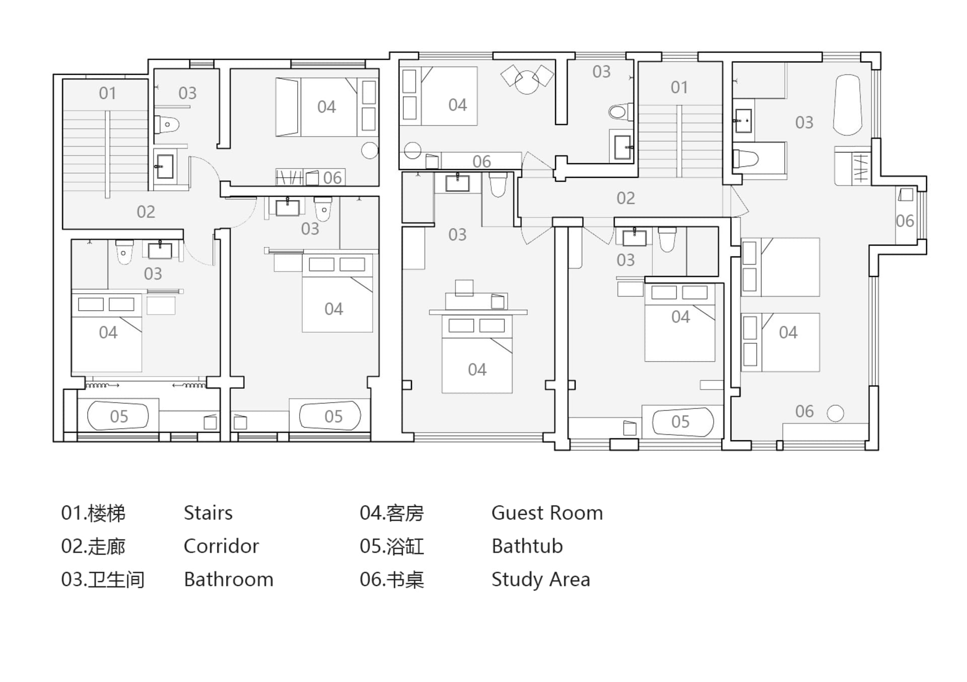 A detailed 2D architectural blueprint of a modern residential floor plan with multiple rooms, including bedrooms, bathrooms, 