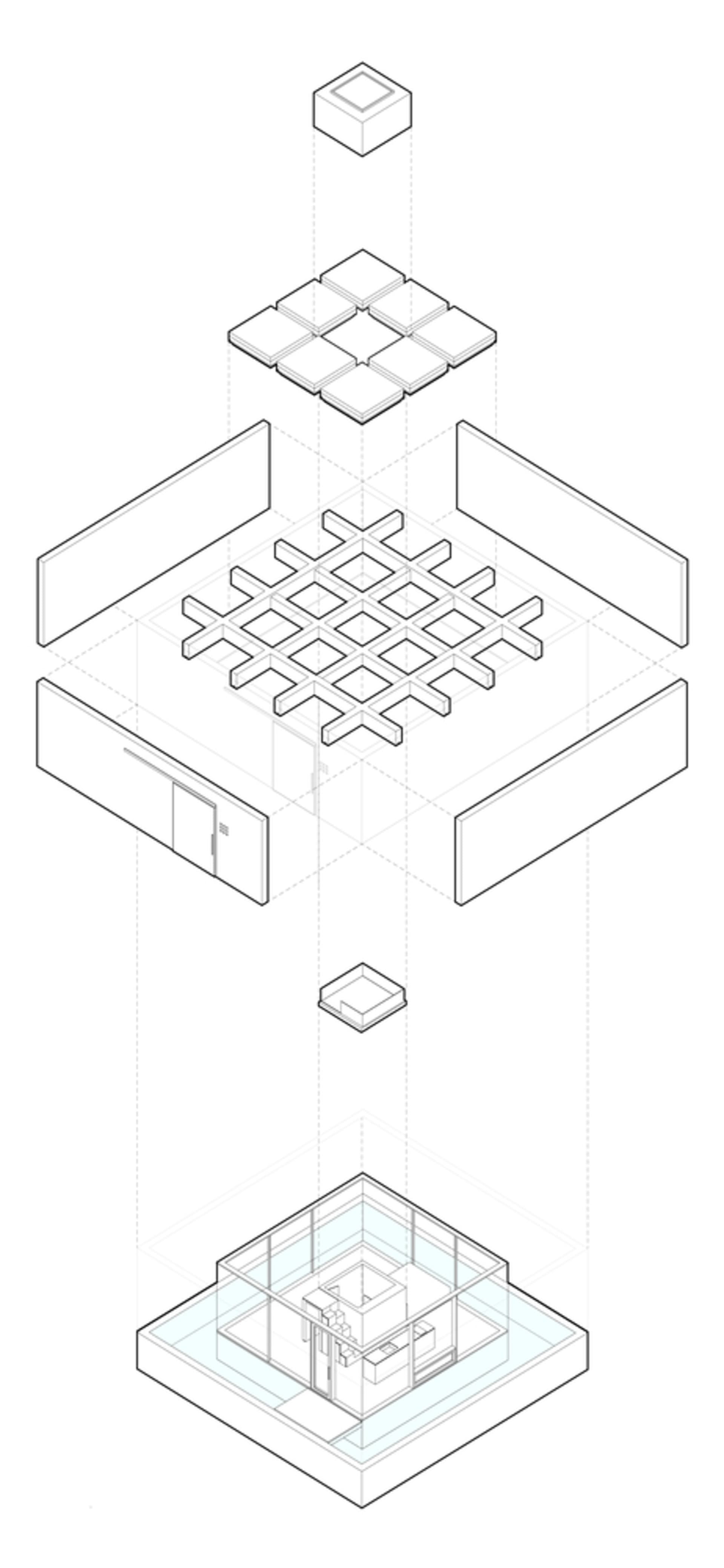 現代建築室內的等軸圖,呈現玻璃平面圖渲染效果。
