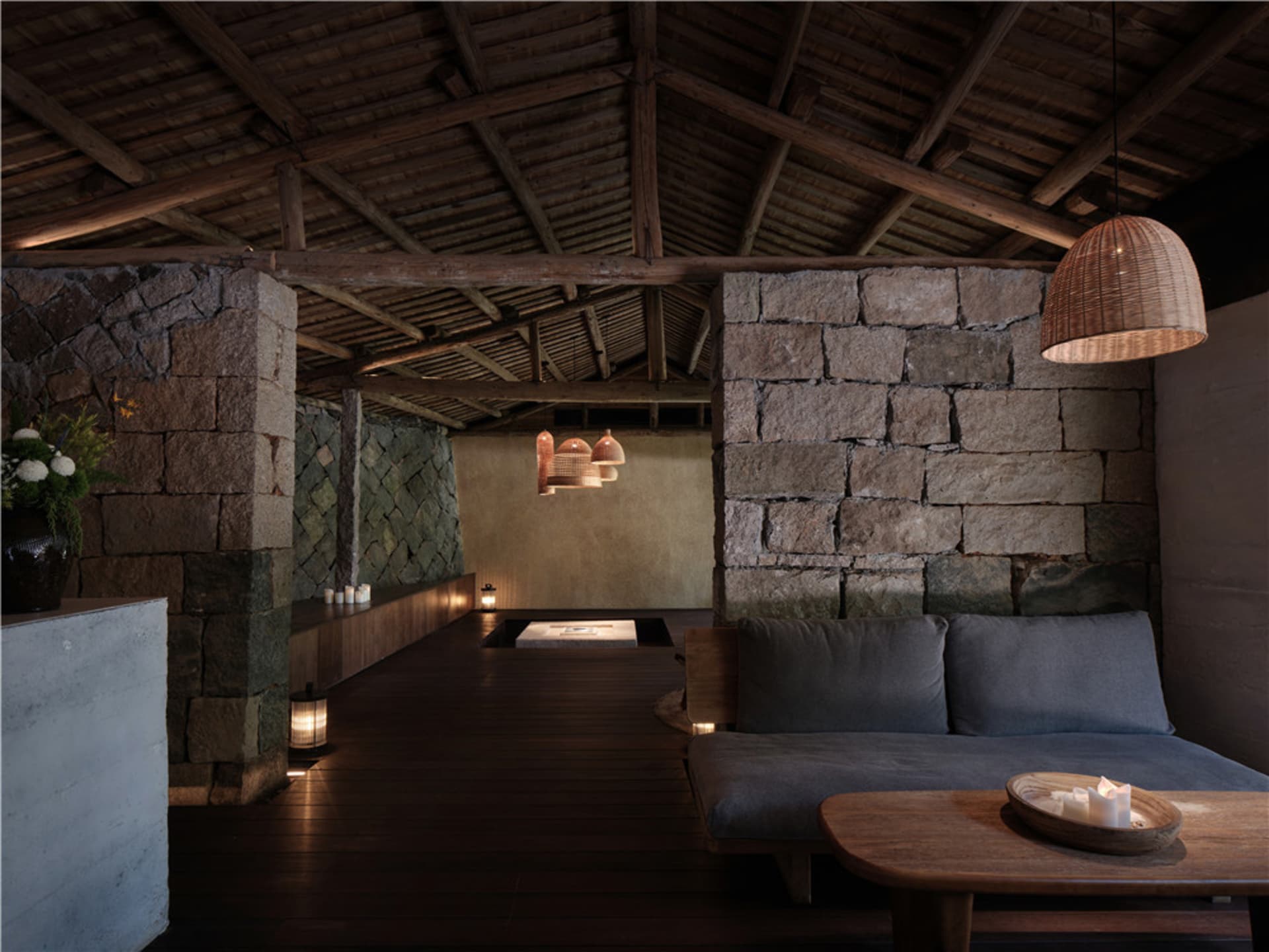 Modern living room with stone and concrete elements
