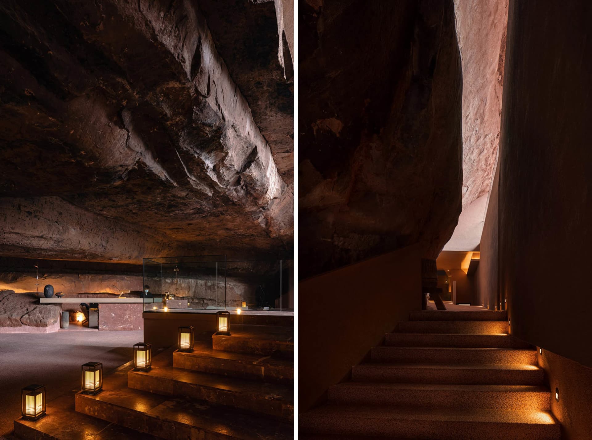 Stone spa interior with lanterns and steps leading downward.