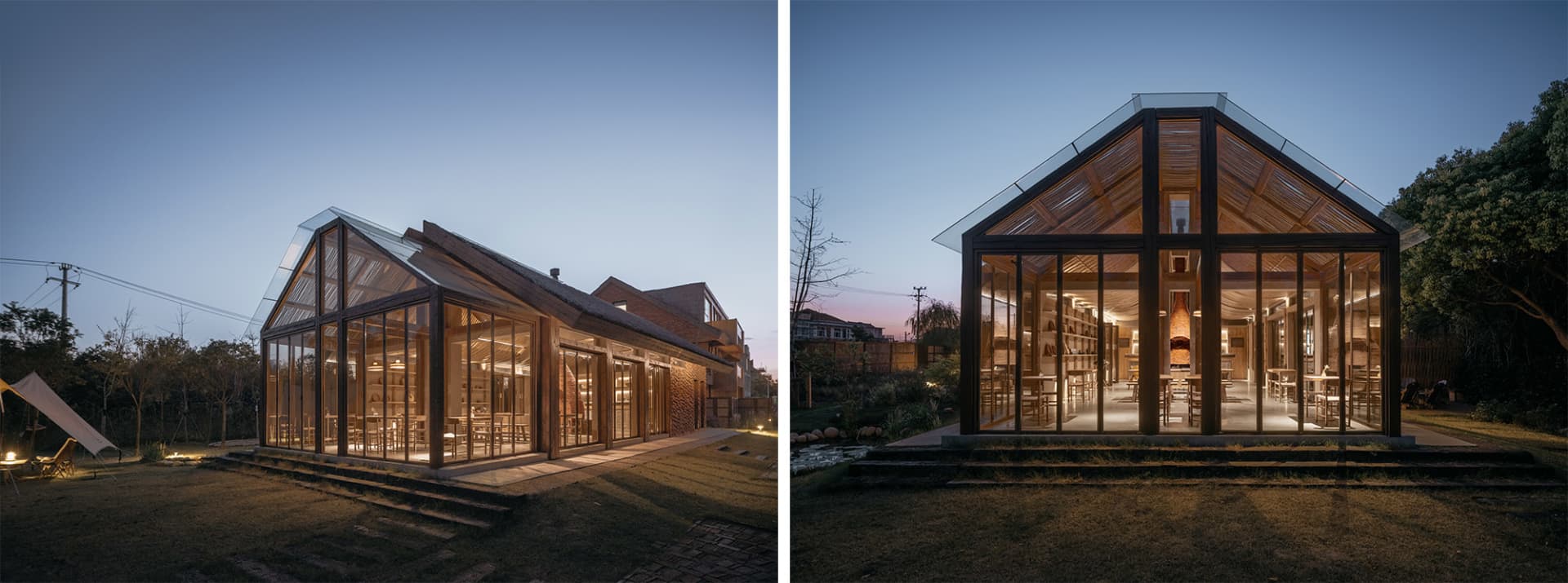 Modern house exterior with glass and wooden structures, illuminated during dusk.