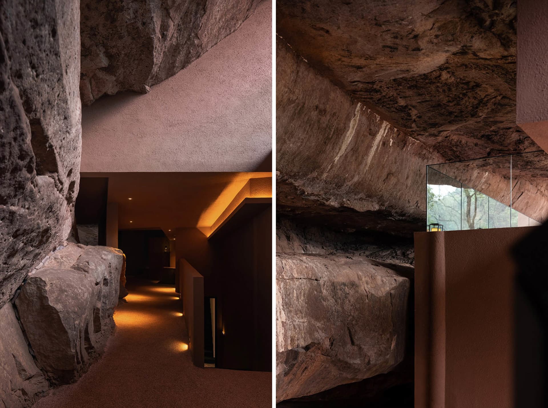 A modern interior space featuring stone walls and ceiling, with warm lighting and a sense of connection to nature.