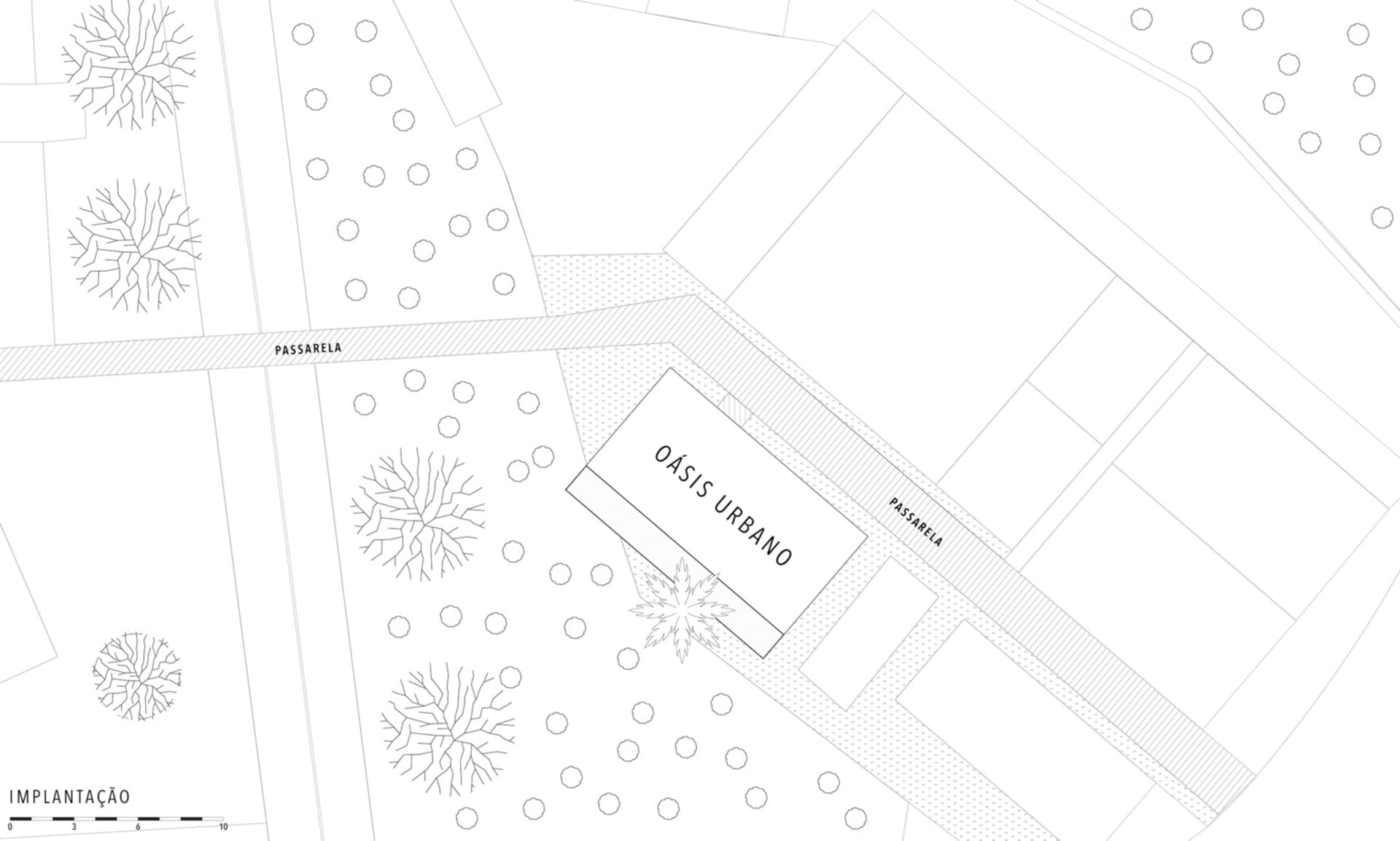 A detailed architectural plan of Oasis Urbano, showcasing urban space organization and landscaping elements.
