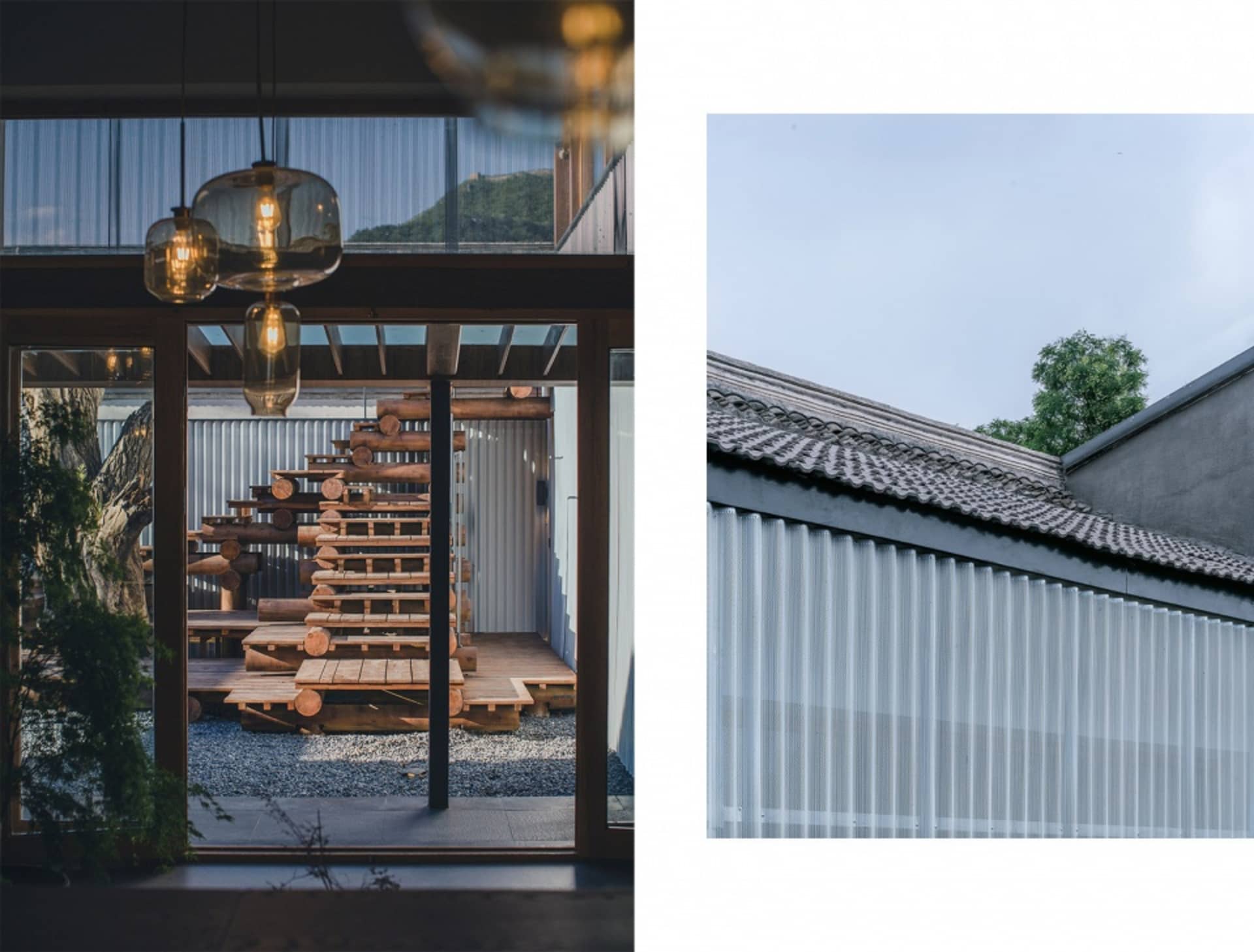 一座工業風格的木製雕塑,形似一棵樹,由木樑支撐屋頂,置於建築室內空間中