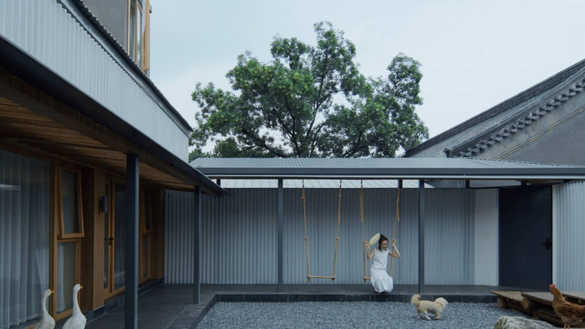 一座擁有金屬屋頂與庭院的現代住宅，庭院內設有鞦韆。
