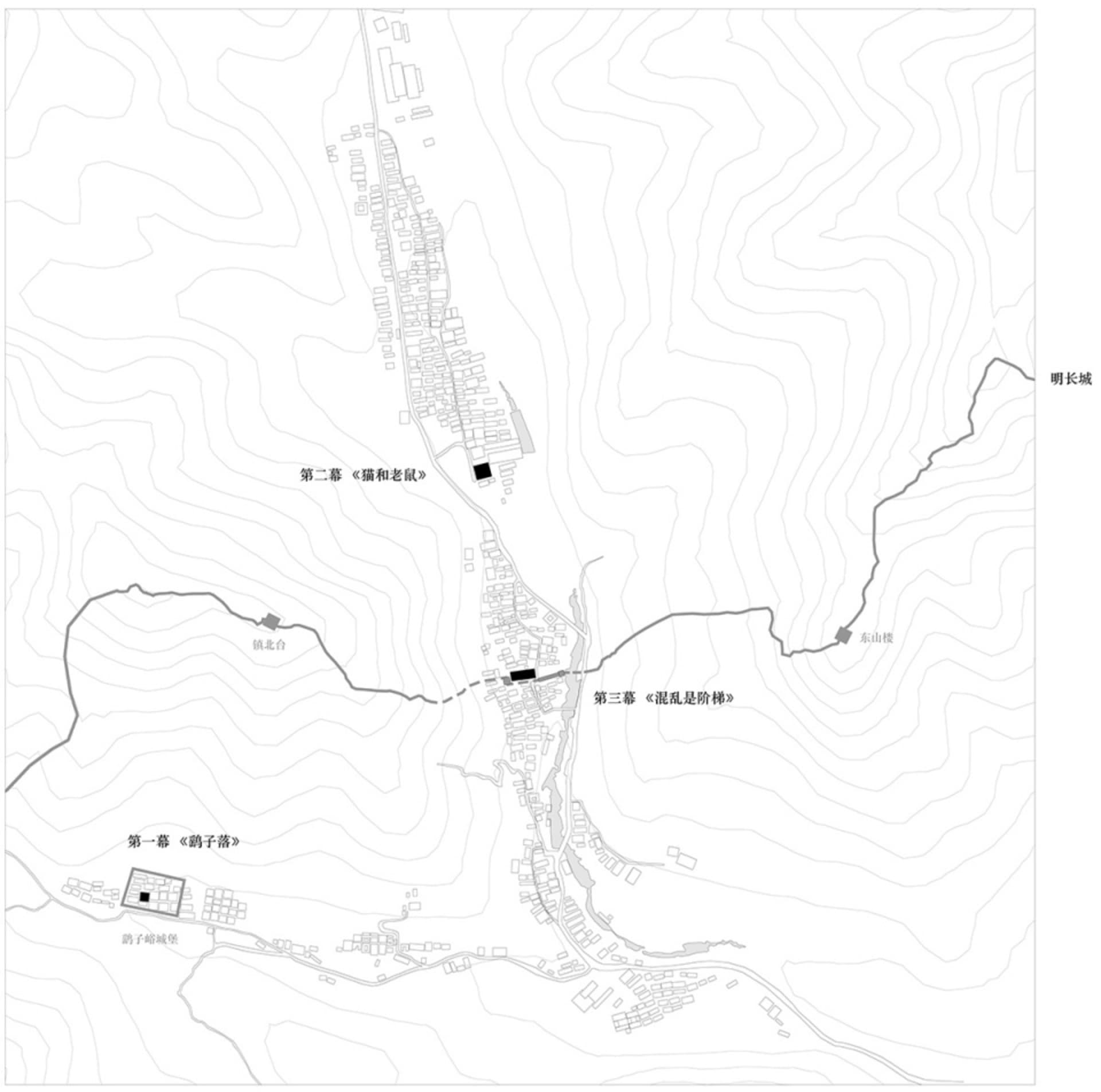 Contour lines depicting a town center with labeled scenes and locations.