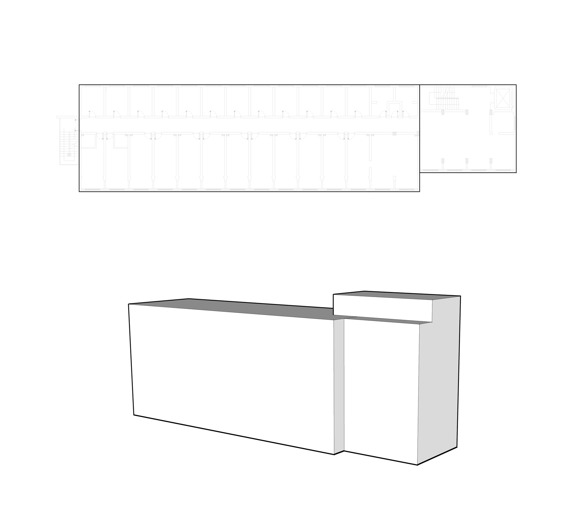 A detailed 2D architectural drawing of a modern building plan on paper.
