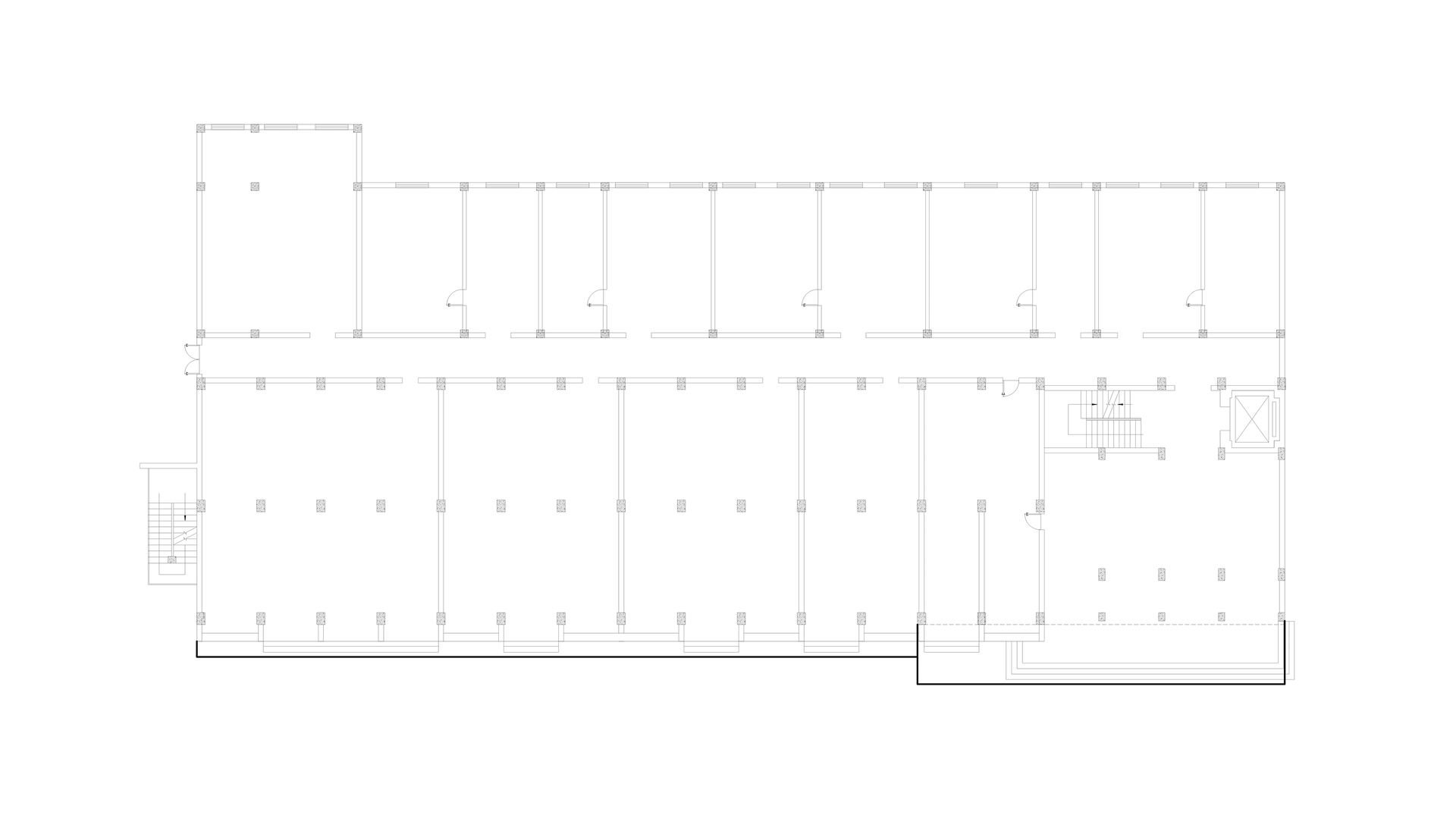 An overhead view of an office ground floor plan showing sections, walls, and columns.