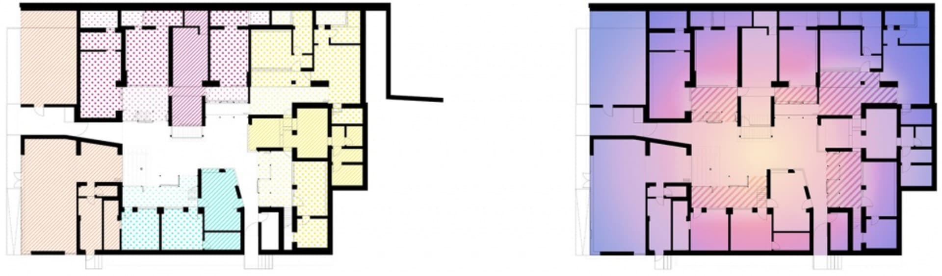 A detailed 2D architectural drawing featuring a color-coded layout of rooms and areas within a building.
