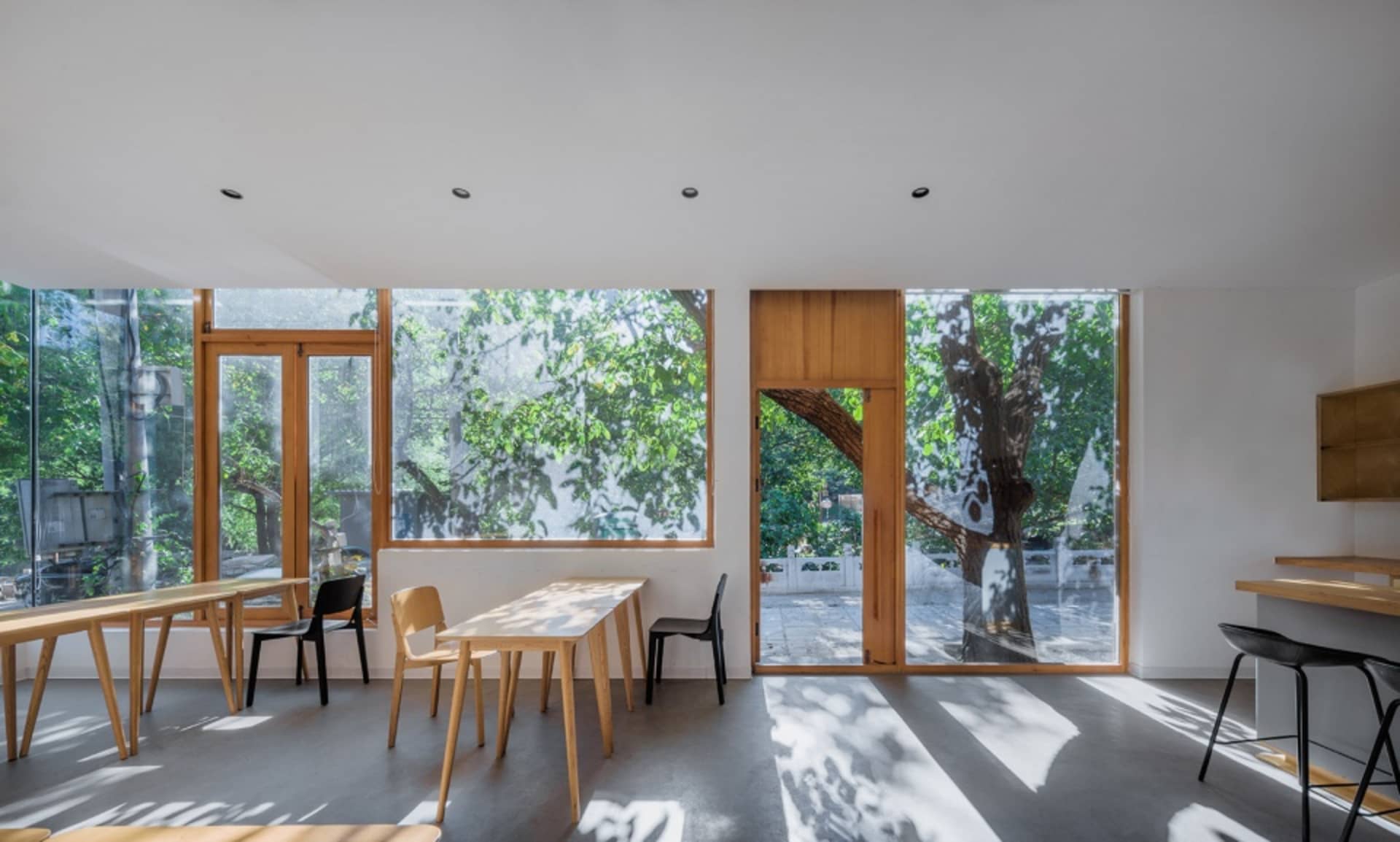 A minimalist cafe interior featuring glass walls, wooden tables, and concrete flooring.