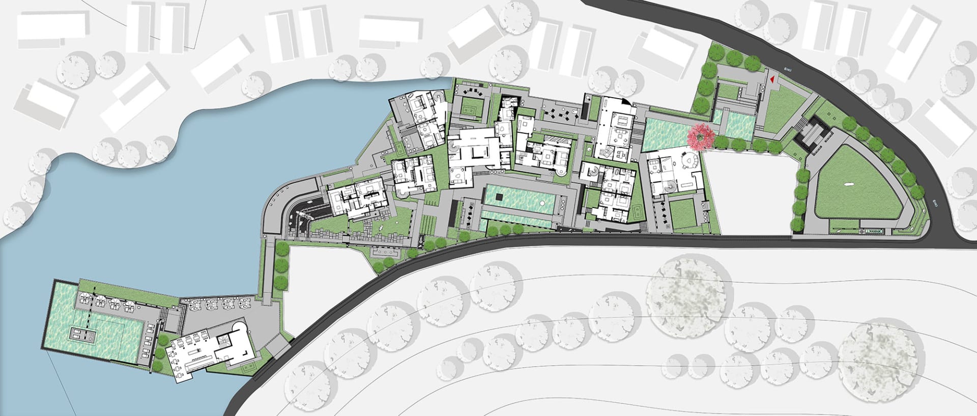 A detailed architectural plan of an institutional campus, showcasing various buildings and their interconnected paths.
