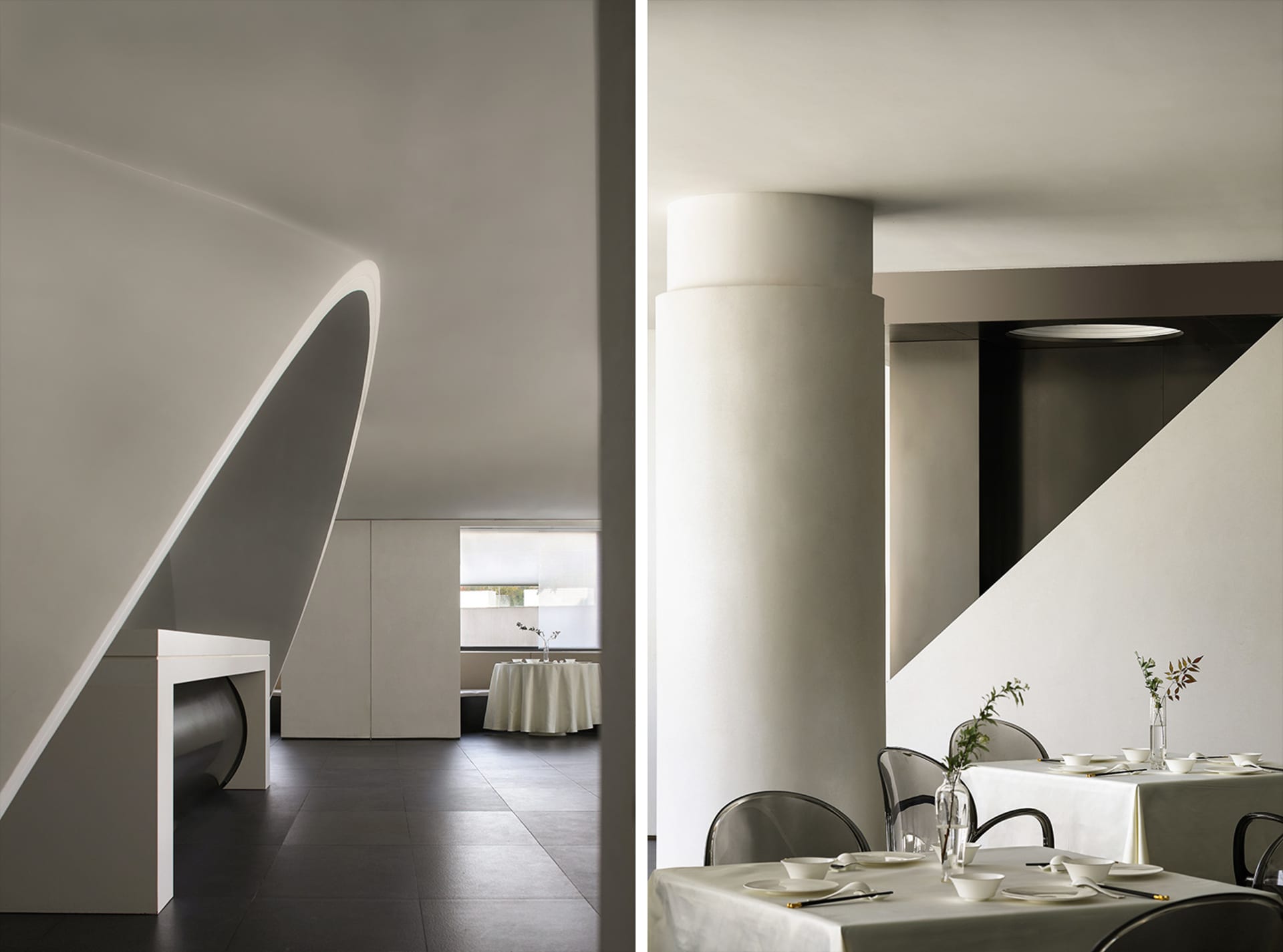 Modern restaurant interior with concrete walls and minimalist design