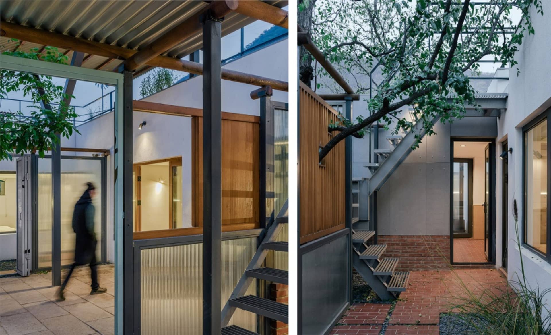 A residential building with concrete, glass, and wooden features.
