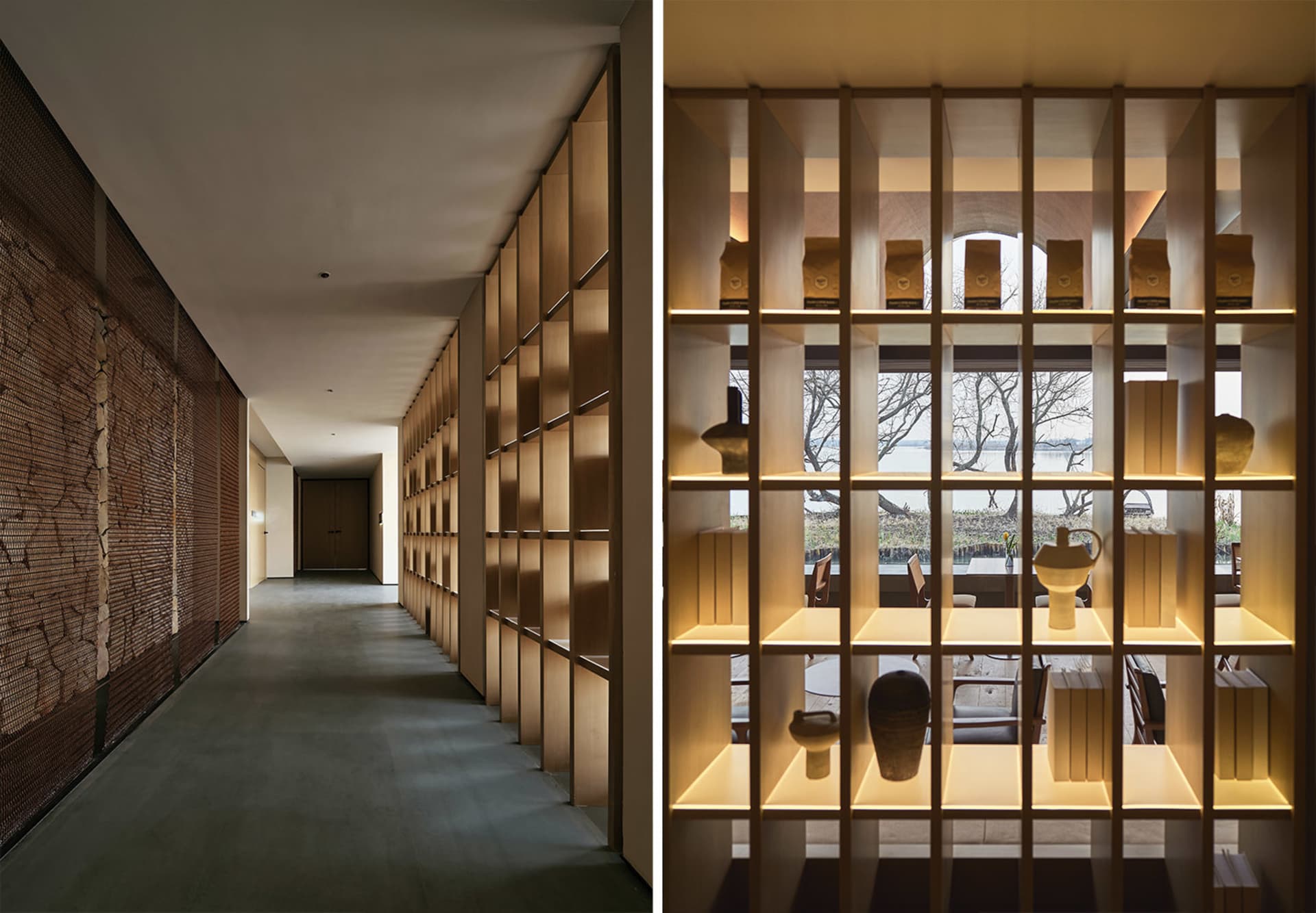 現代展示櫃採用木質層板搭配照明燈光，並陳列裝飾物品。