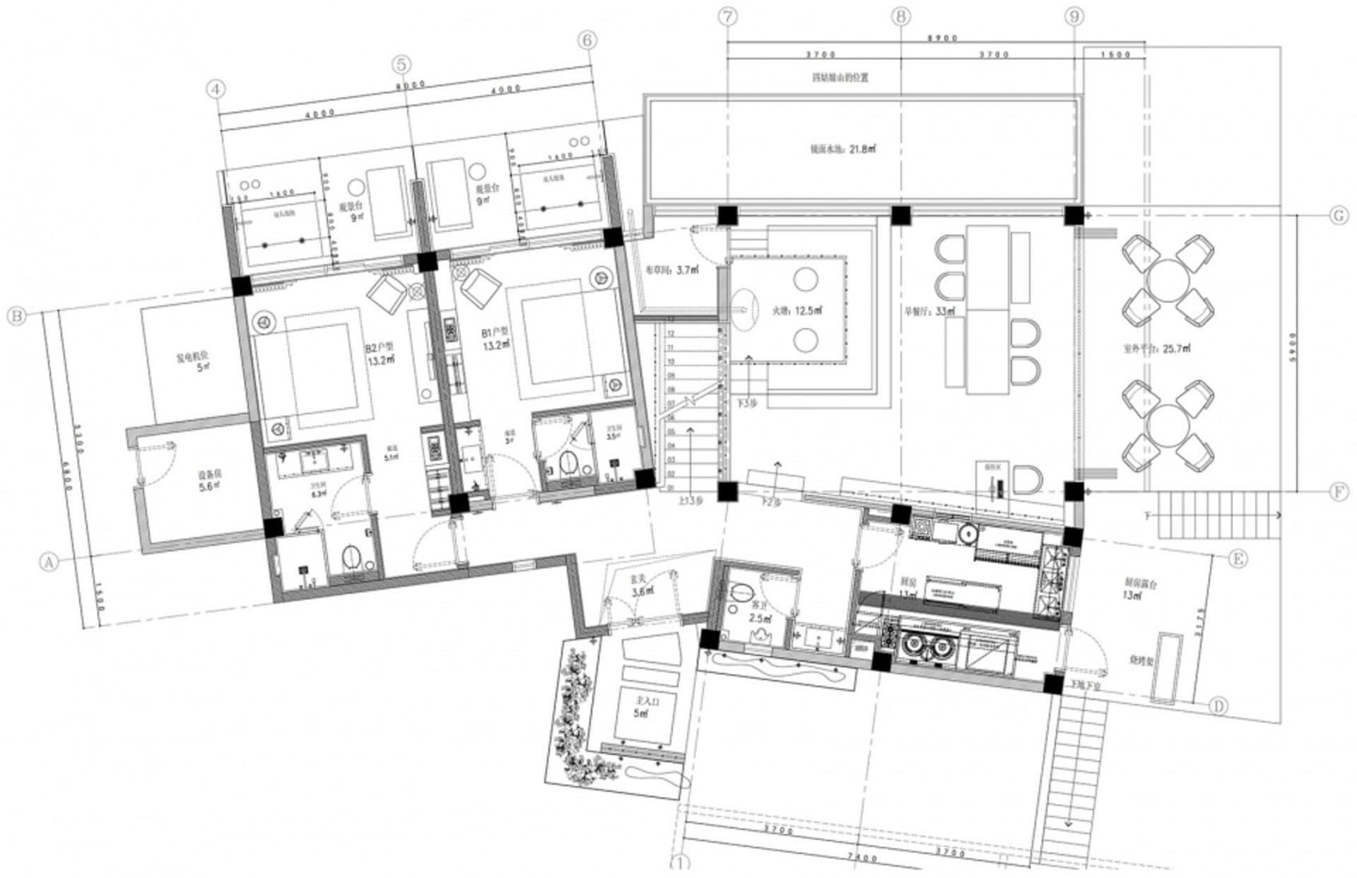 A detailed 2D architectural drawing of a modern residential floor plan.