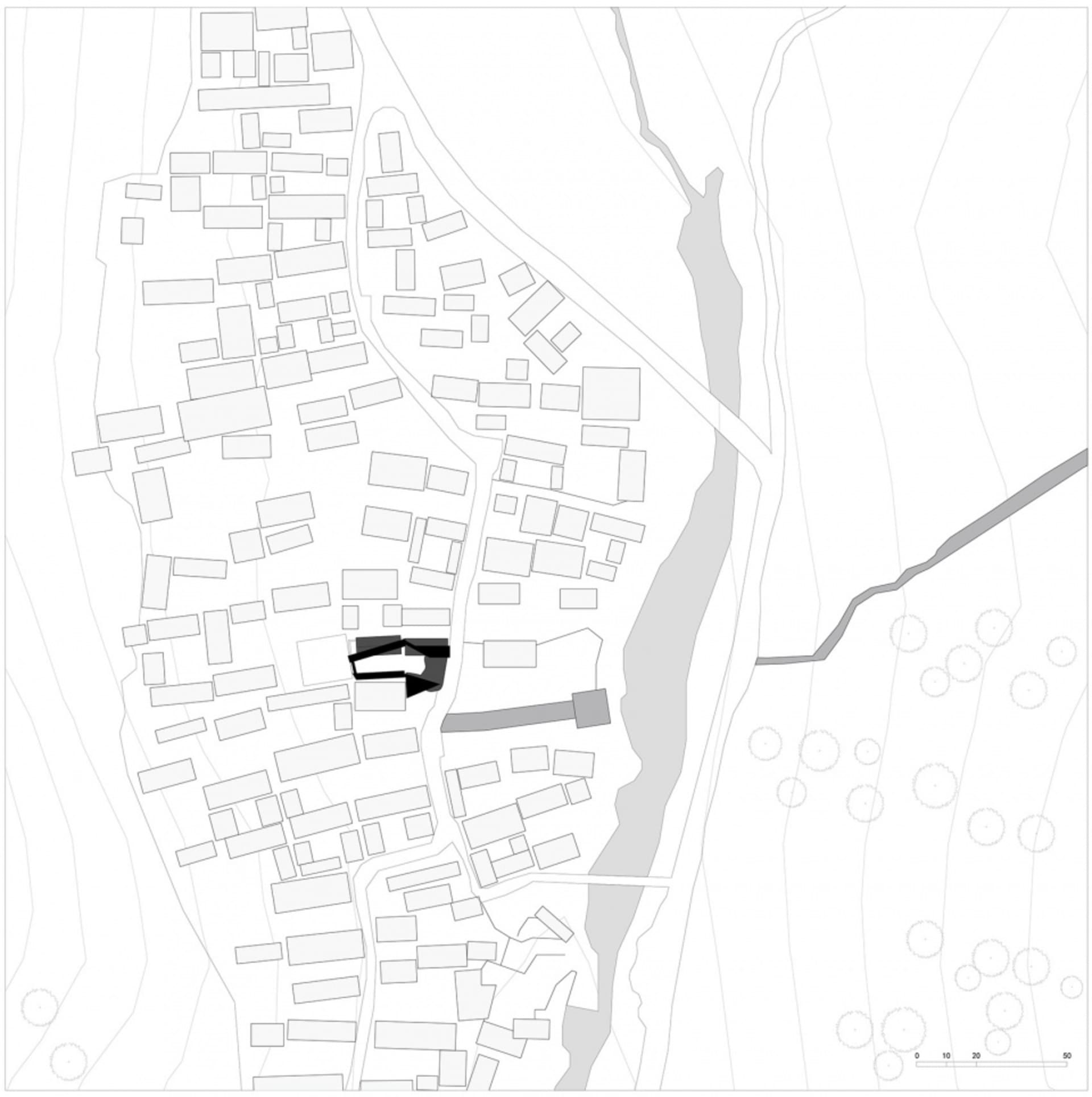 Urban city map with city blocks outlined and a specific area highlighted in black.