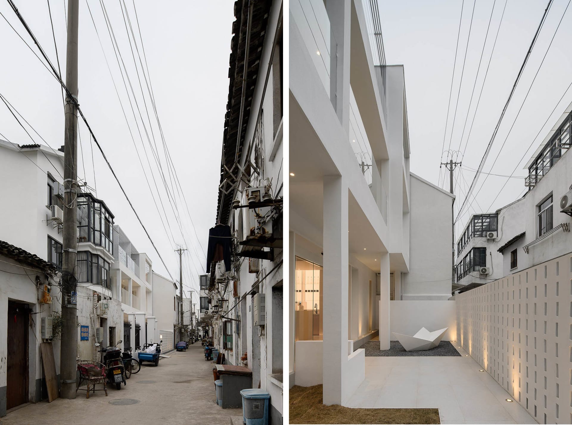 Modern residential interior with white concrete walls and minimalist design