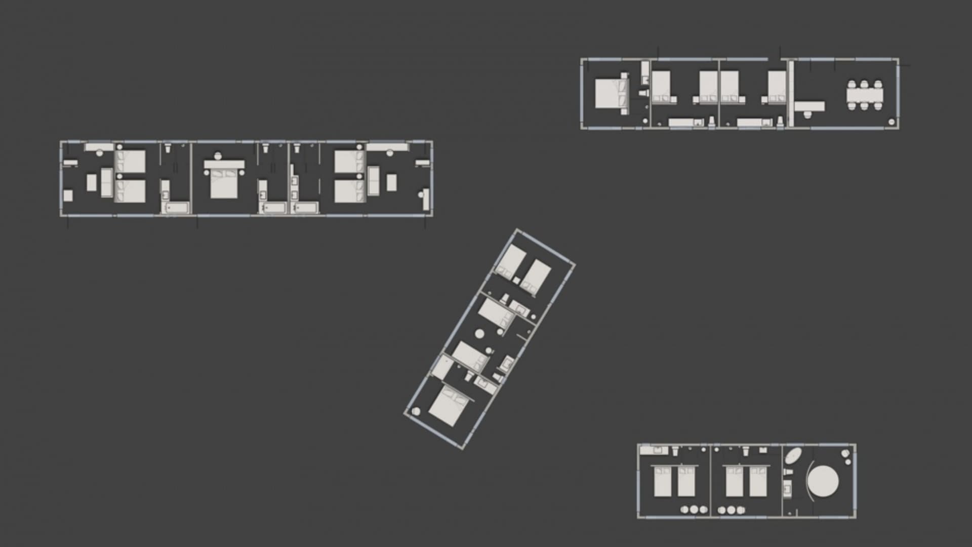 A floor plan of a lodging space, showing various rooms and spaces.