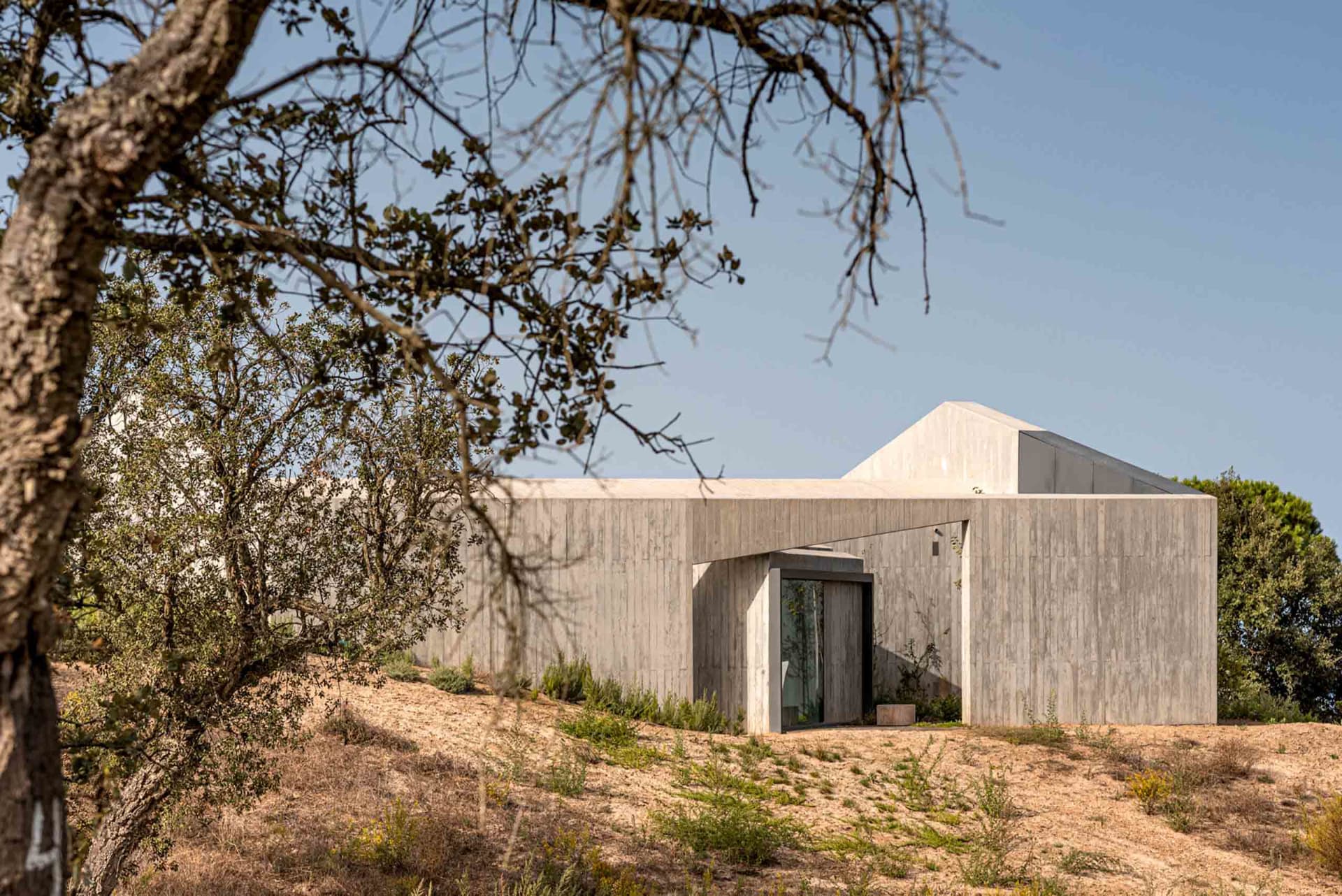 A modern house made of concrete with a minimalist design, surrounded by trees and vegetation.