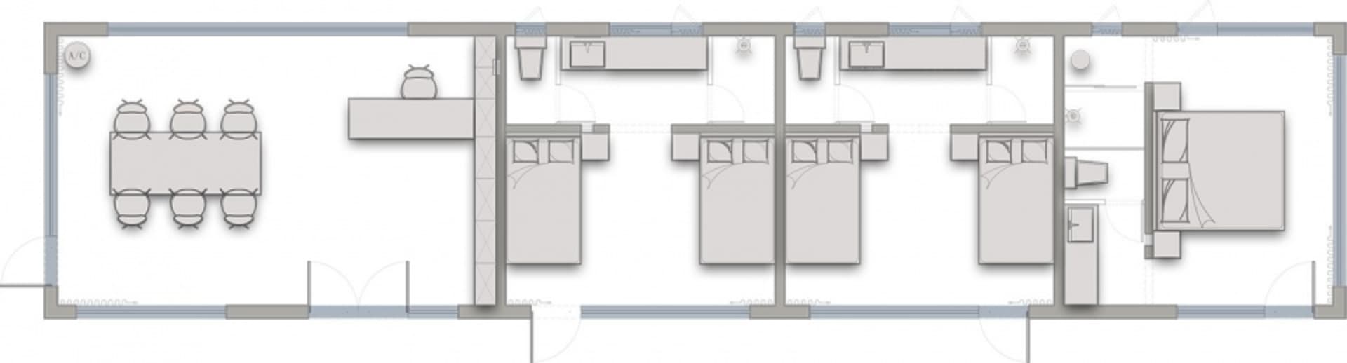 A minimalistic bedroom layout with four beds, a dining area, and various furniture pieces.