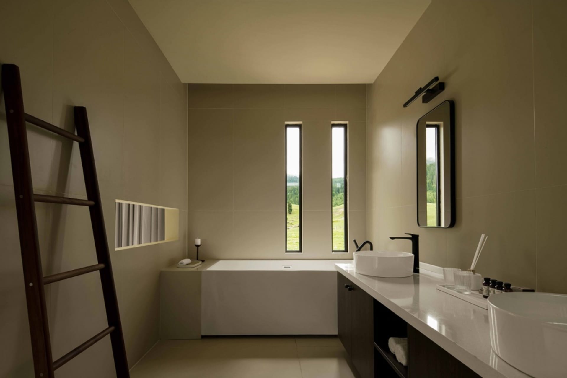 Modern bathroom with natural light, concrete tile, and minimalist design.