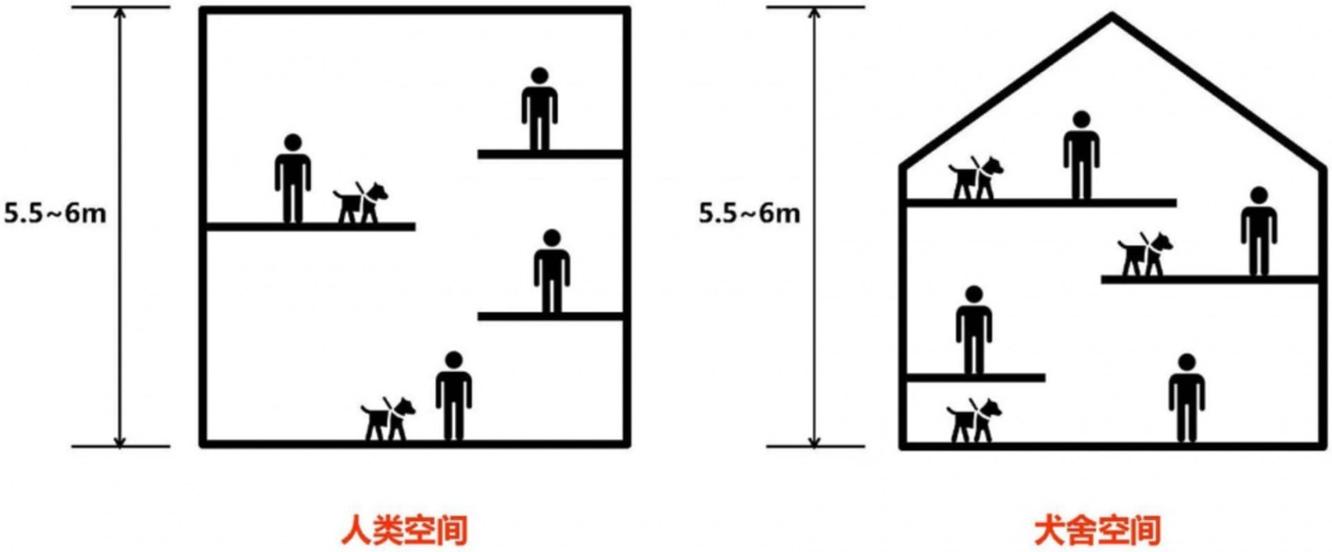 概念建築素描中人類空間與狗隻空間的比較