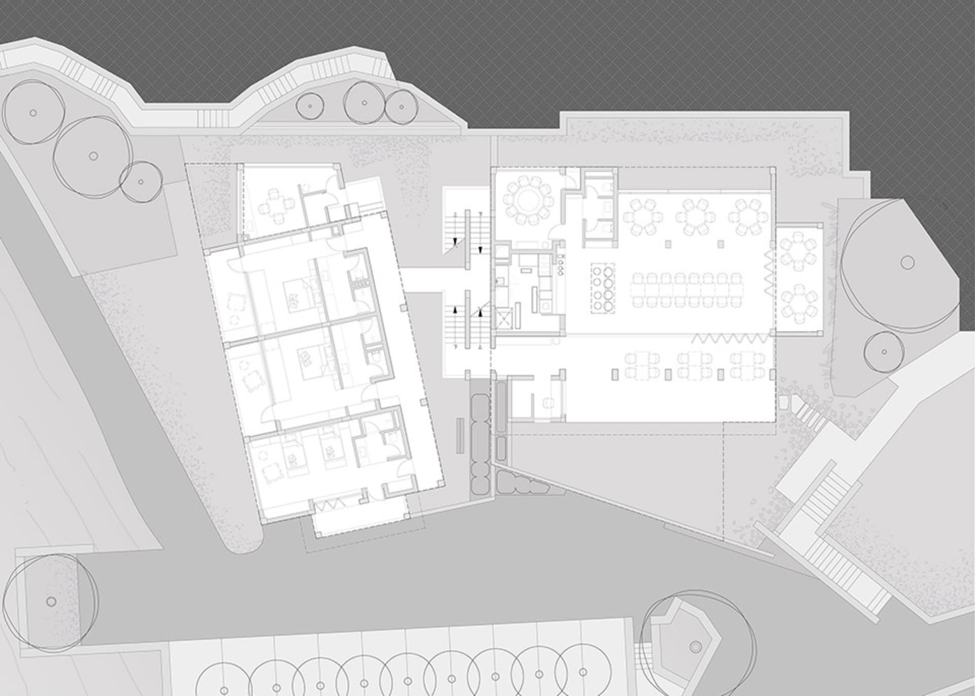 工業風開放空間的平面圖，展示各個房間與空間配置。