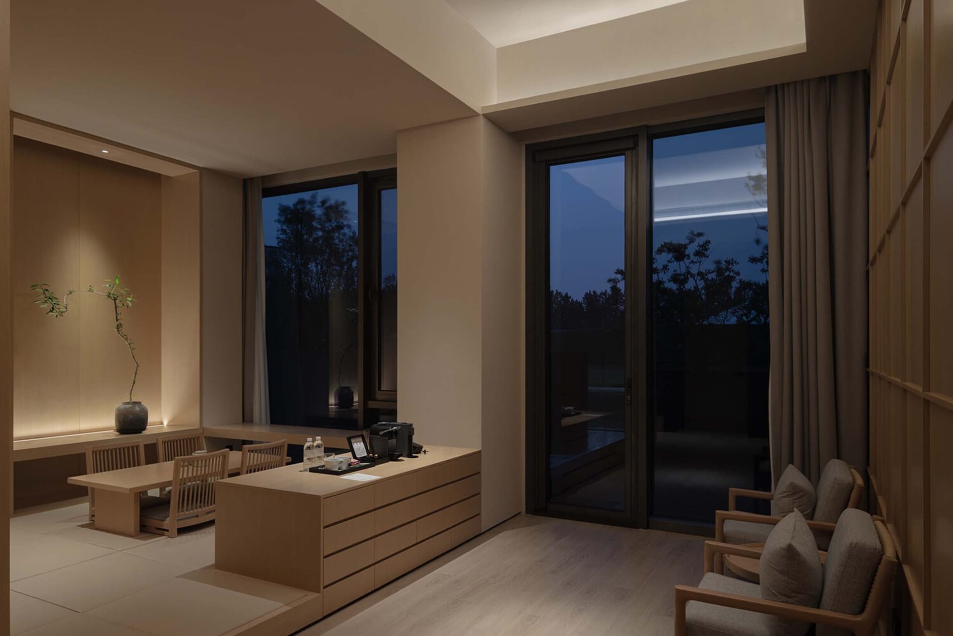 A modern residential space featuring wood elements.