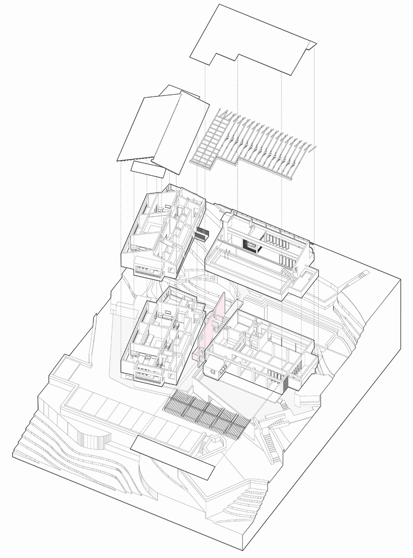 現代住宅建築平面等角圖,展示不同區域與材料。